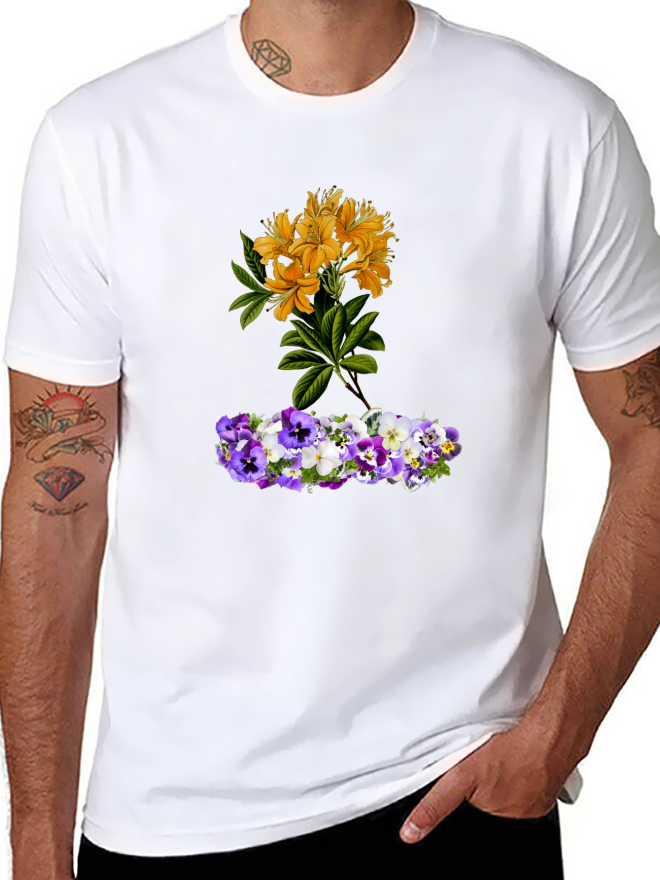 Floral T-Shirt: Yellow Azalea & Pansy Design