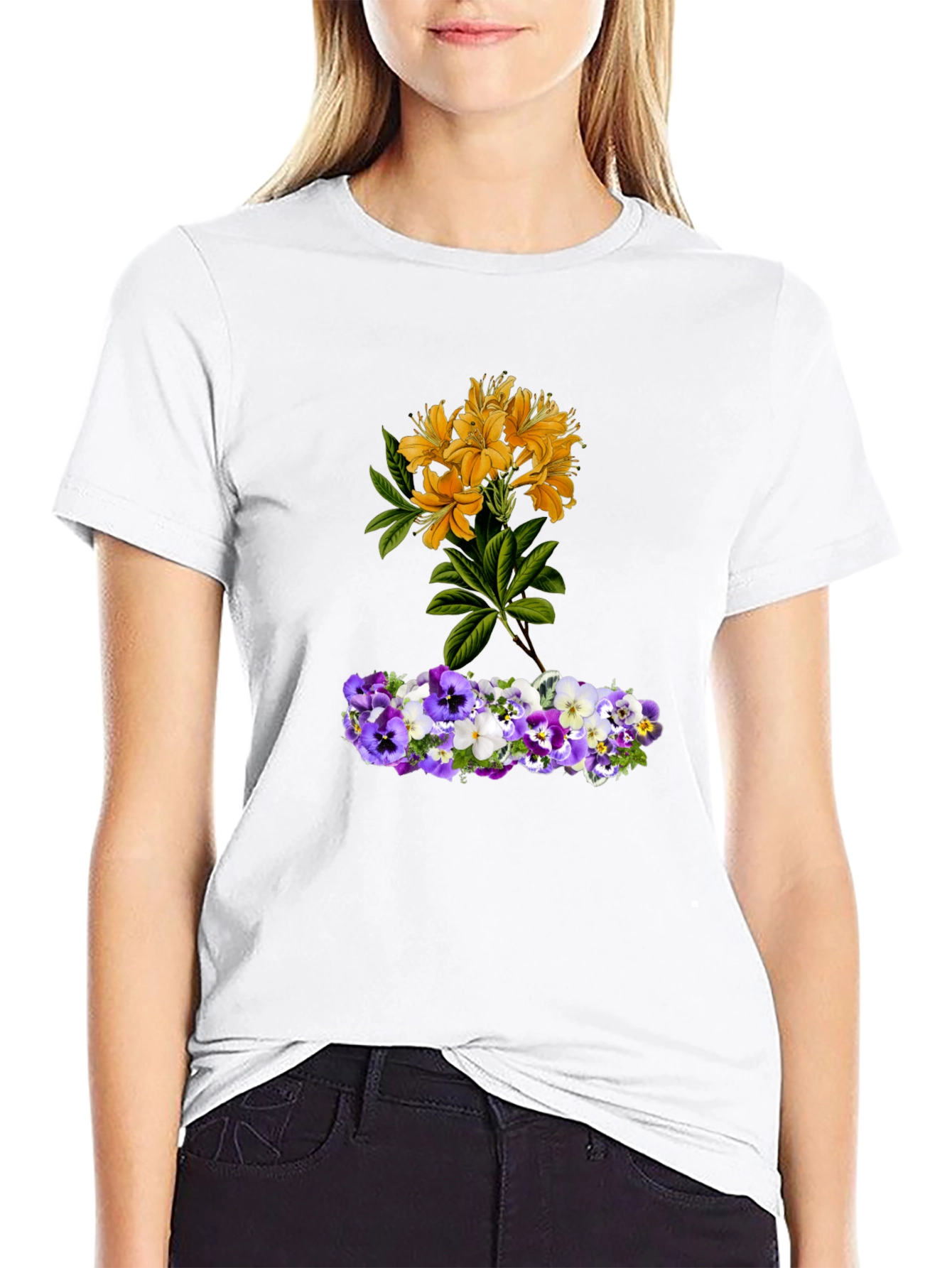 Floral T-Shirt: Yellow Azalea & Pansy Design