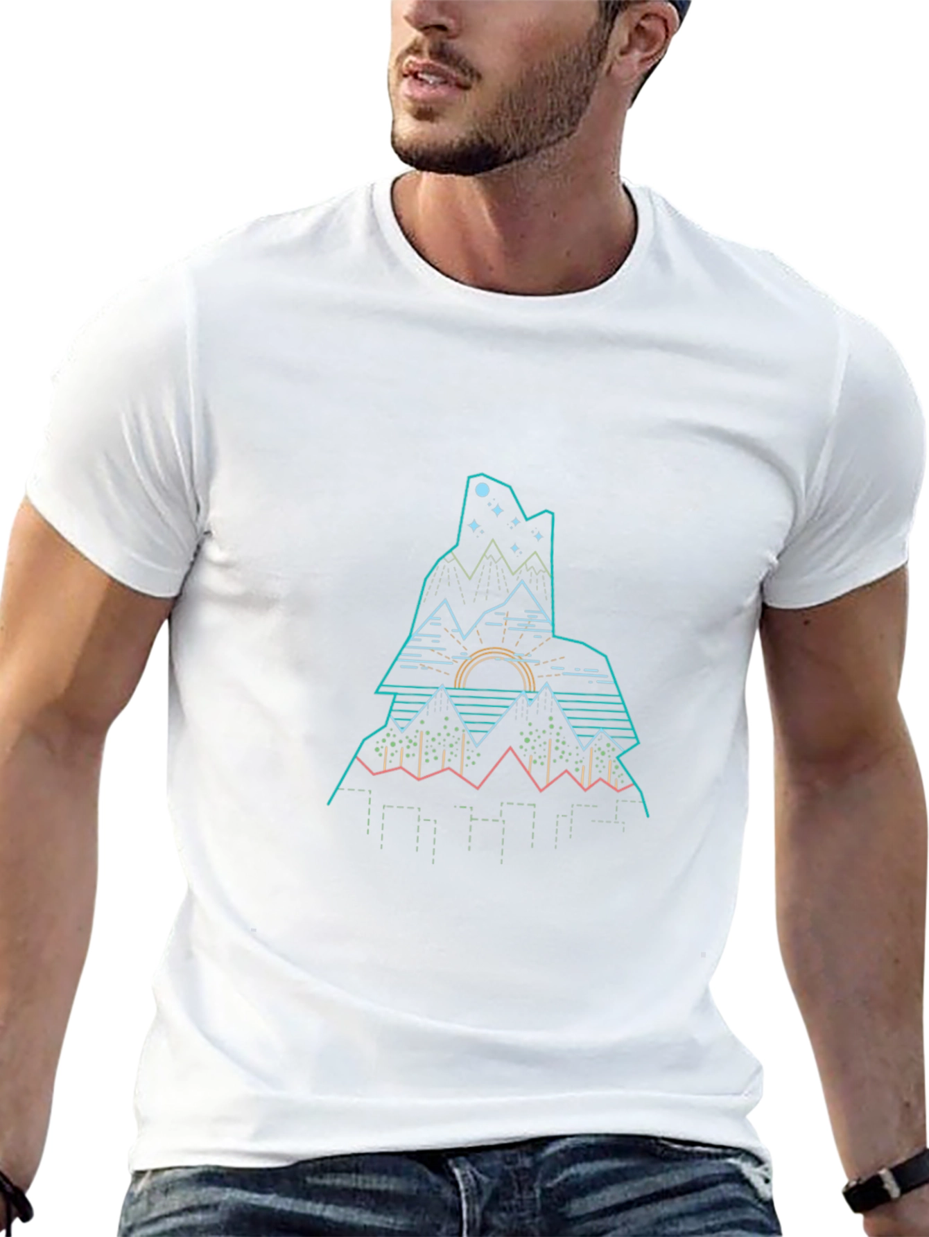 Modern Geometric Mountain Graphic Tee - Black