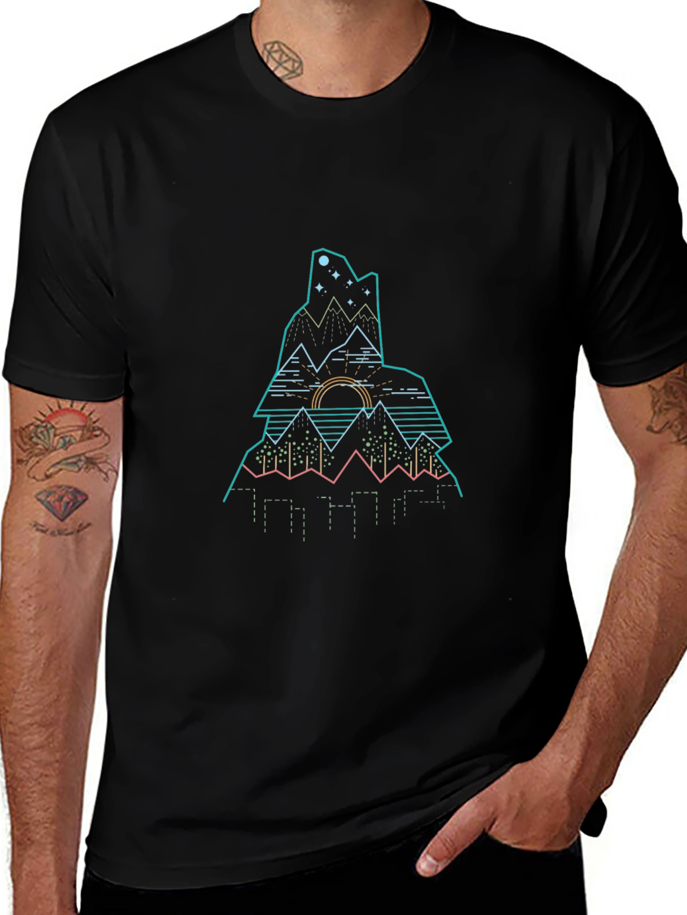Modern Geometric Mountain Graphic Tee - Black