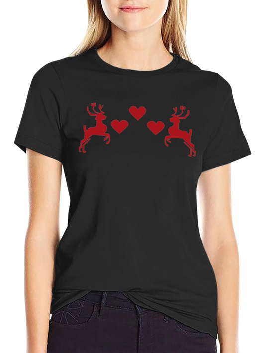 Festive Reindeer Hearts Black T-Shirt