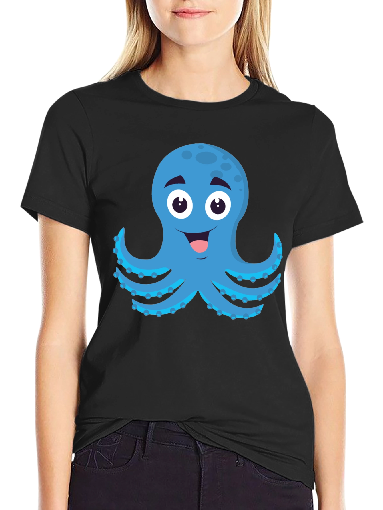 Cartoon Octopus Graphic Black T-Shirt