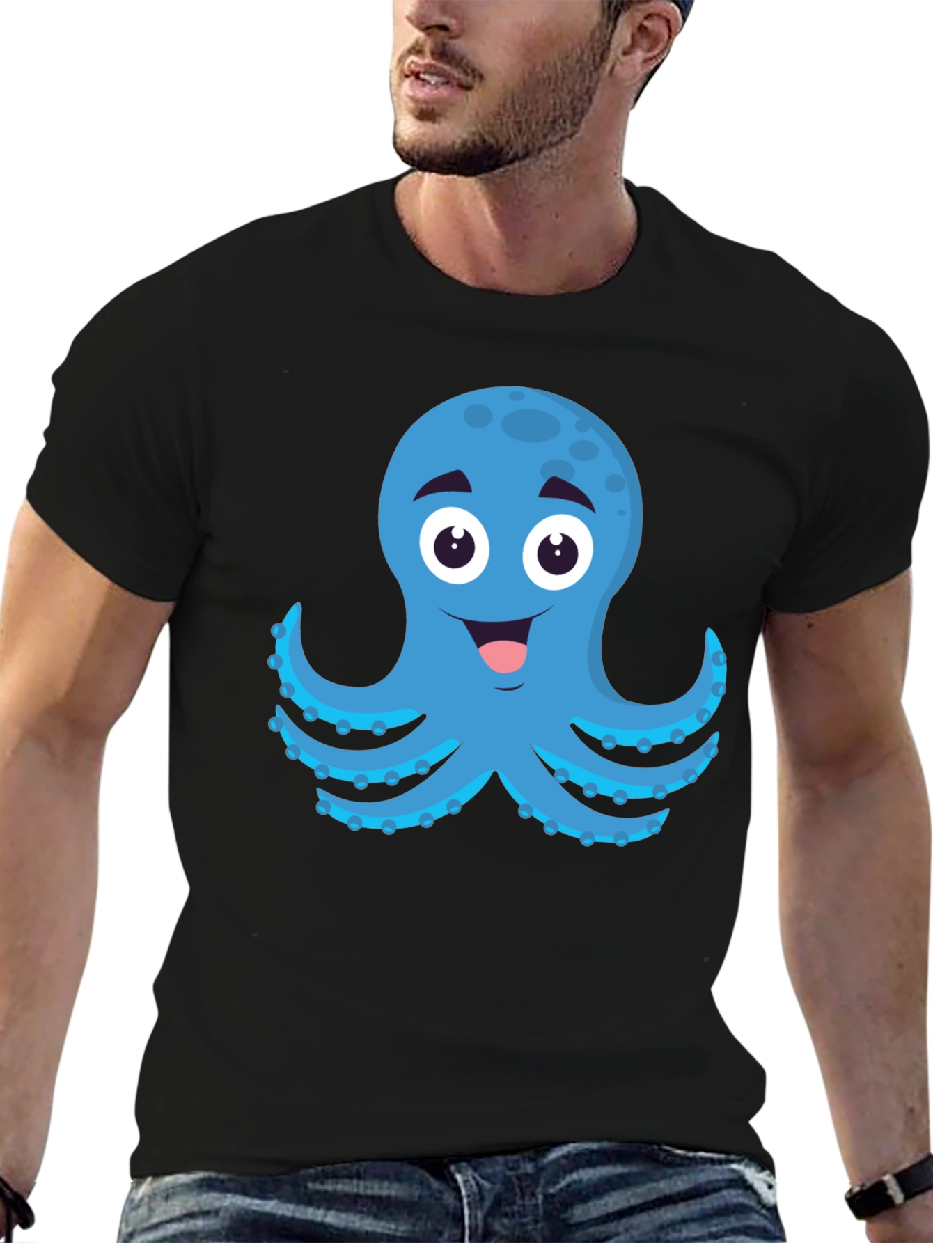 Cartoon Octopus Graphic Black T-Shirt