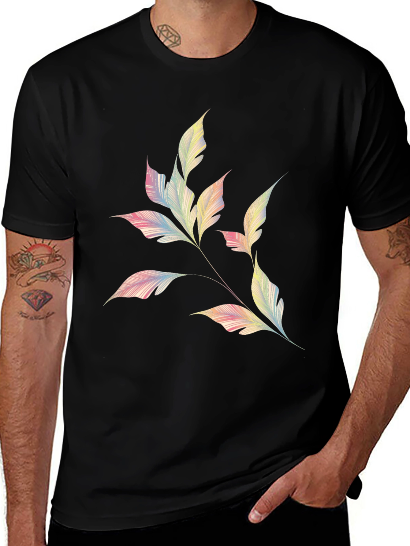 Mens Black T-Shirt with Pastel Leaf Design