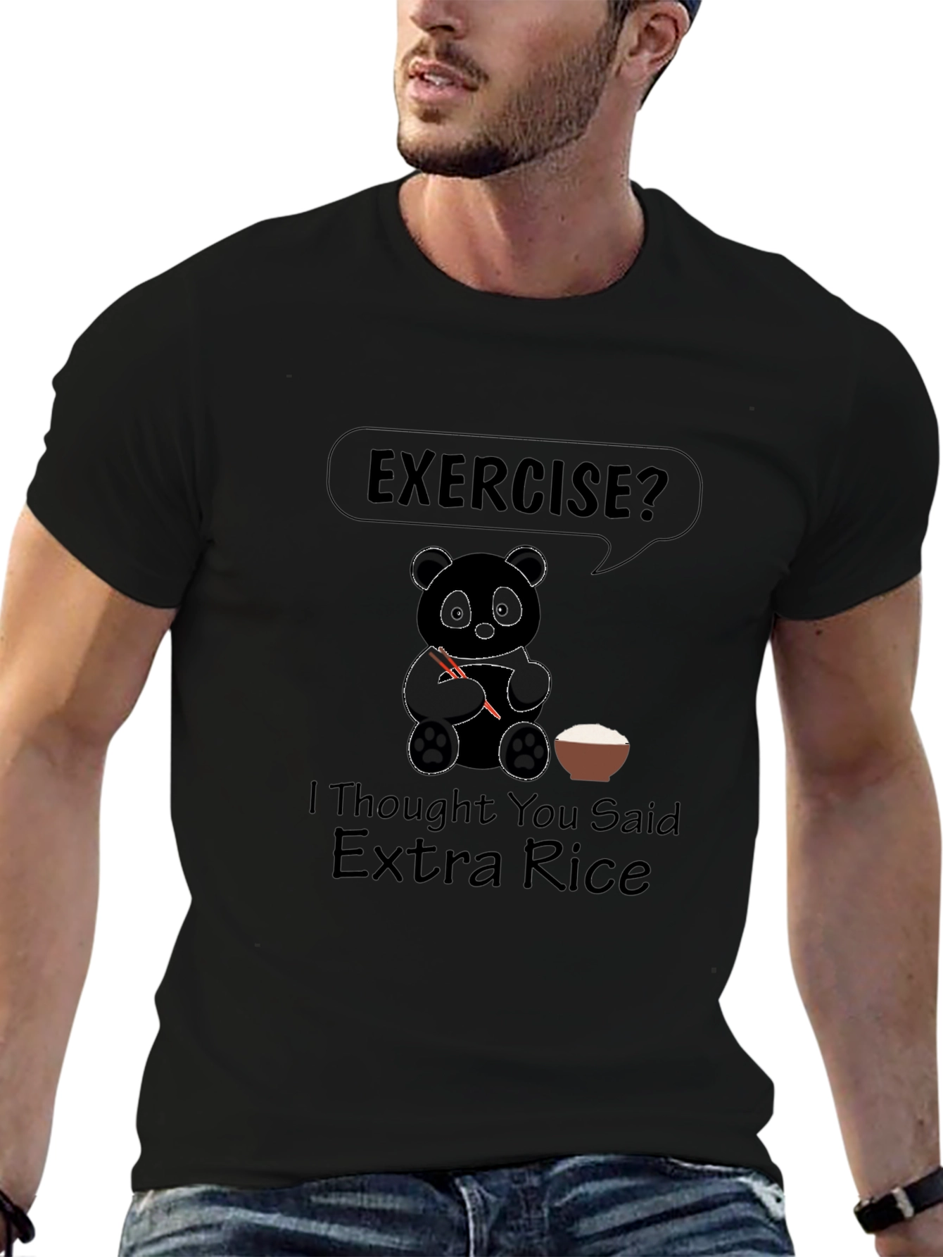 Exercise? Extra Rice Panda Graphic Tee - Black T-Shirt