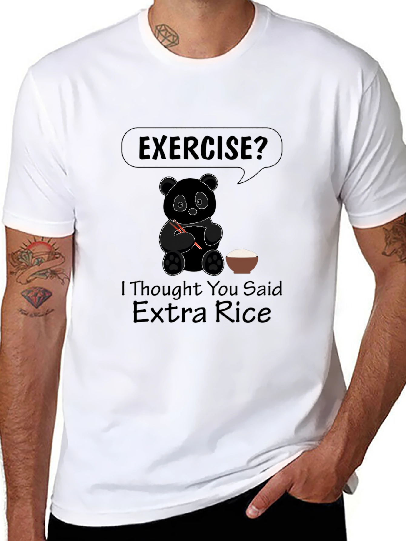 Exercise? Extra Rice Panda Graphic Tee - Black T-Shirt