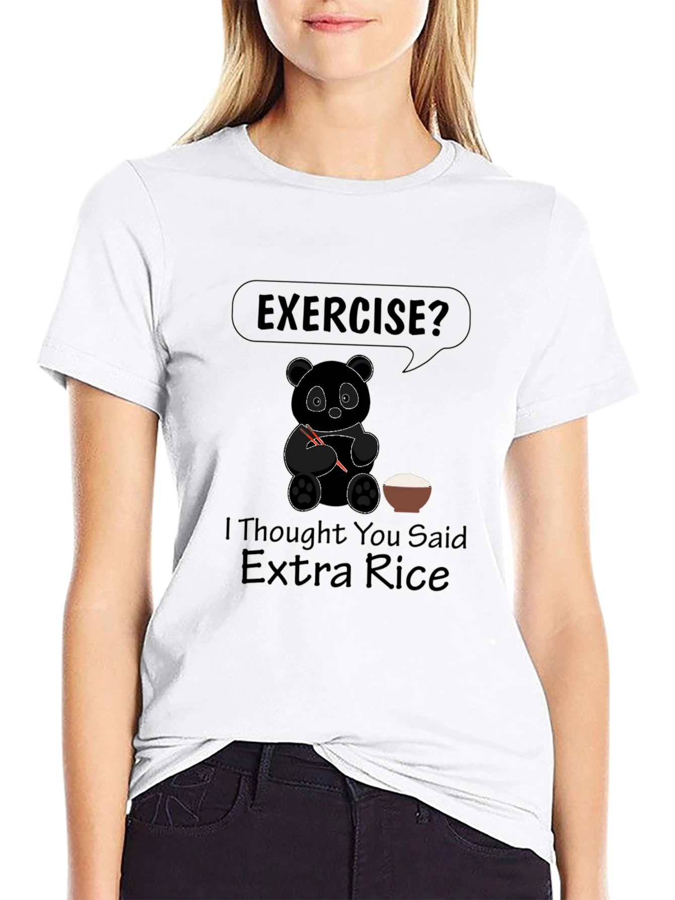 Exercise? Extra Rice Panda Graphic Tee - Black T-Shirt