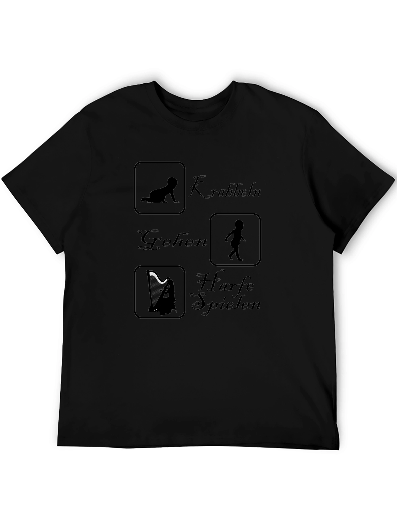 Funny Black T-Shirt - Crawling Walking Harp Playing