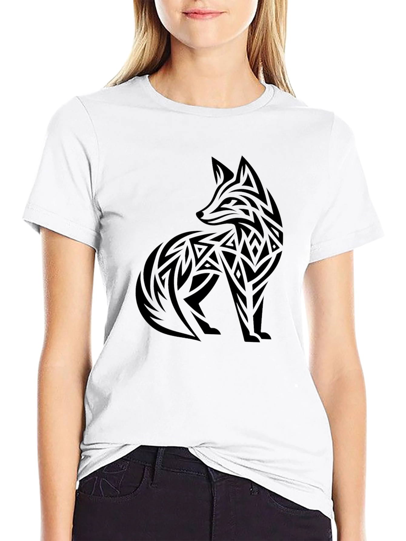 Tribal Fox Graphic Tee - Black Cotton Blend