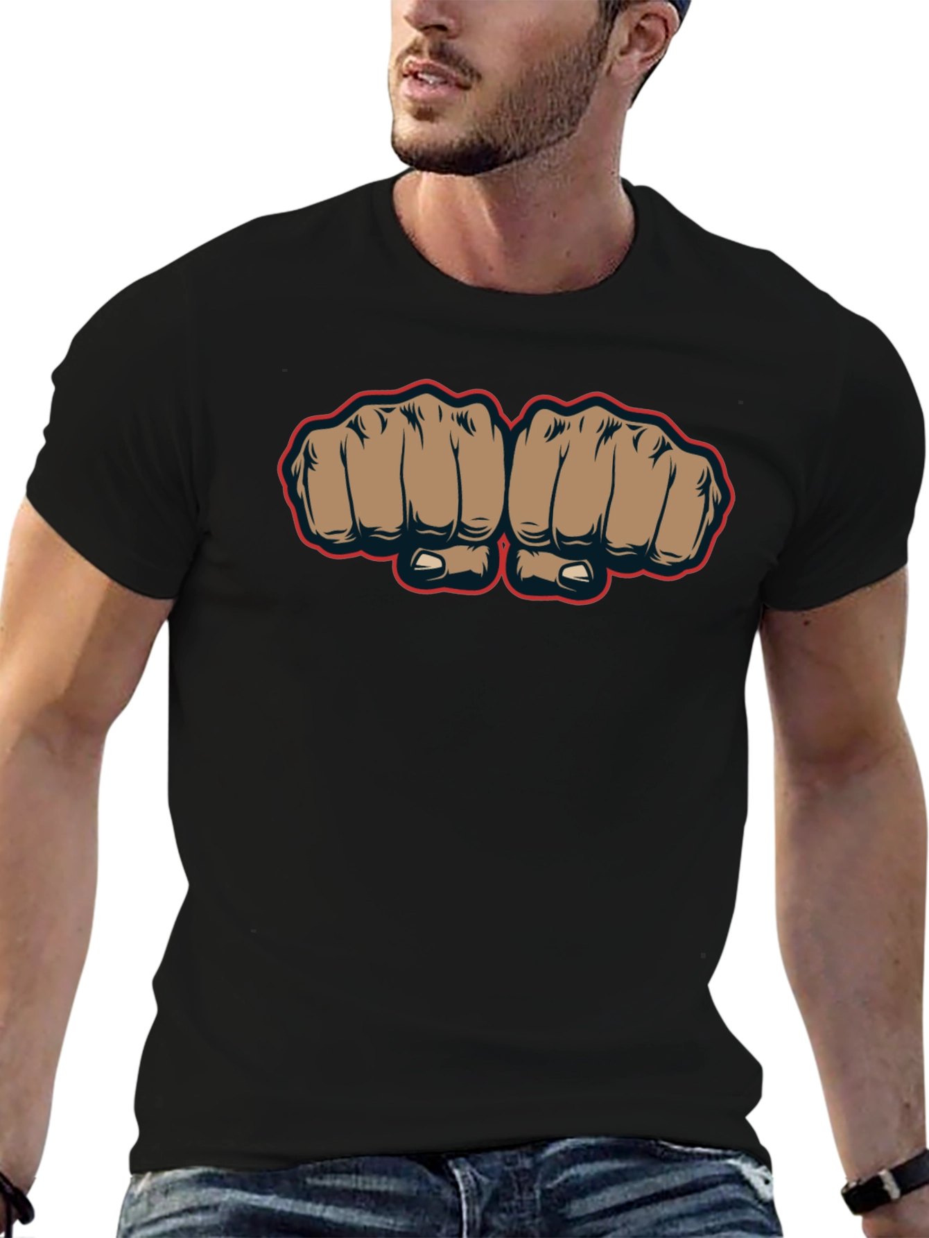 Fist Bump Graphic Tee - Black Crew Neck T-Shirt