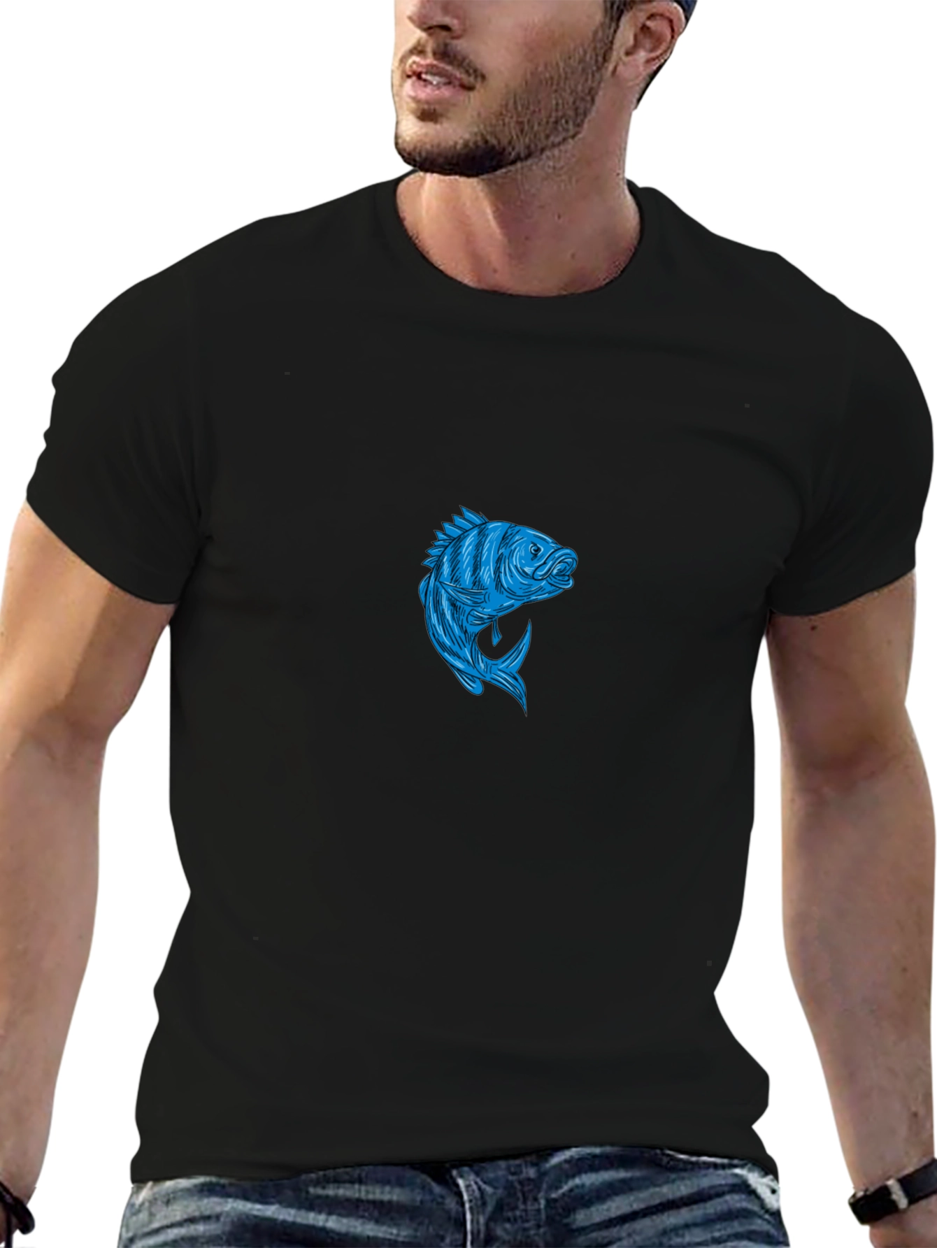 Mens Black T-Shirt with Blue Fish Graphic