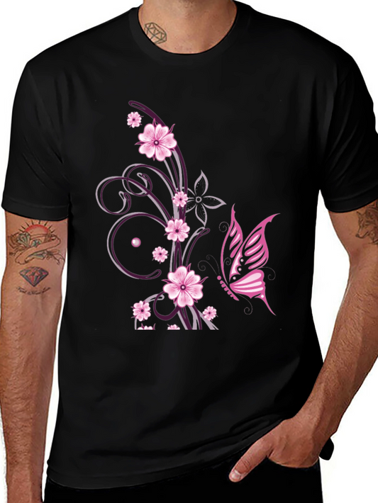 Floral Butterfly Print Black T-Shirt