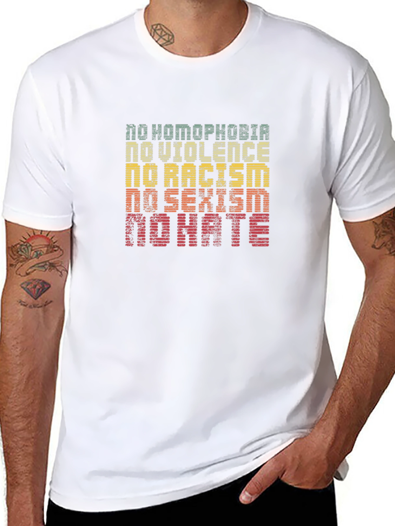 Equality T-Shirt: No Homophobia Racism Sexism Violence Hate