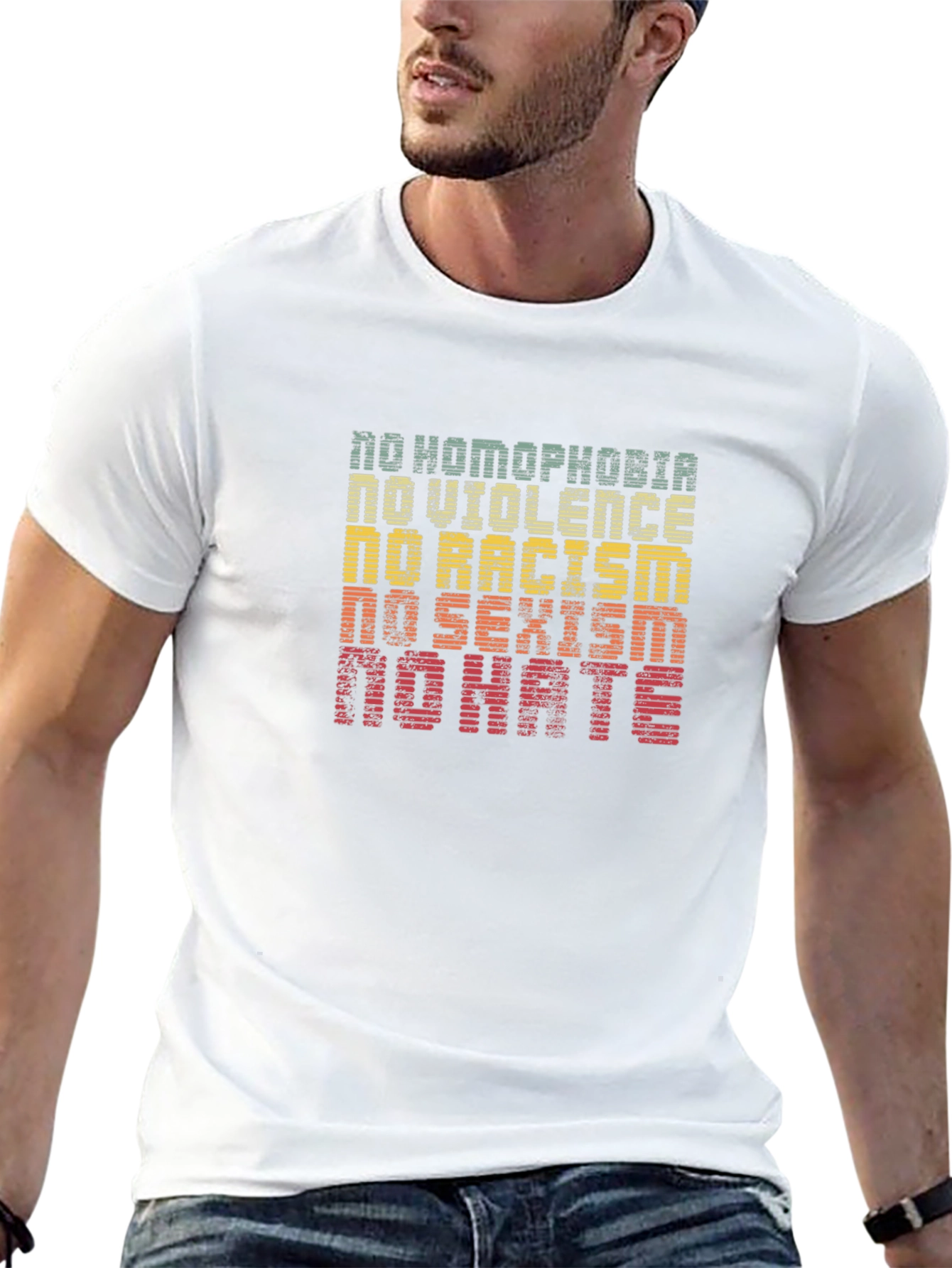 Equality T-Shirt: No Homophobia Racism Sexism Violence Hate