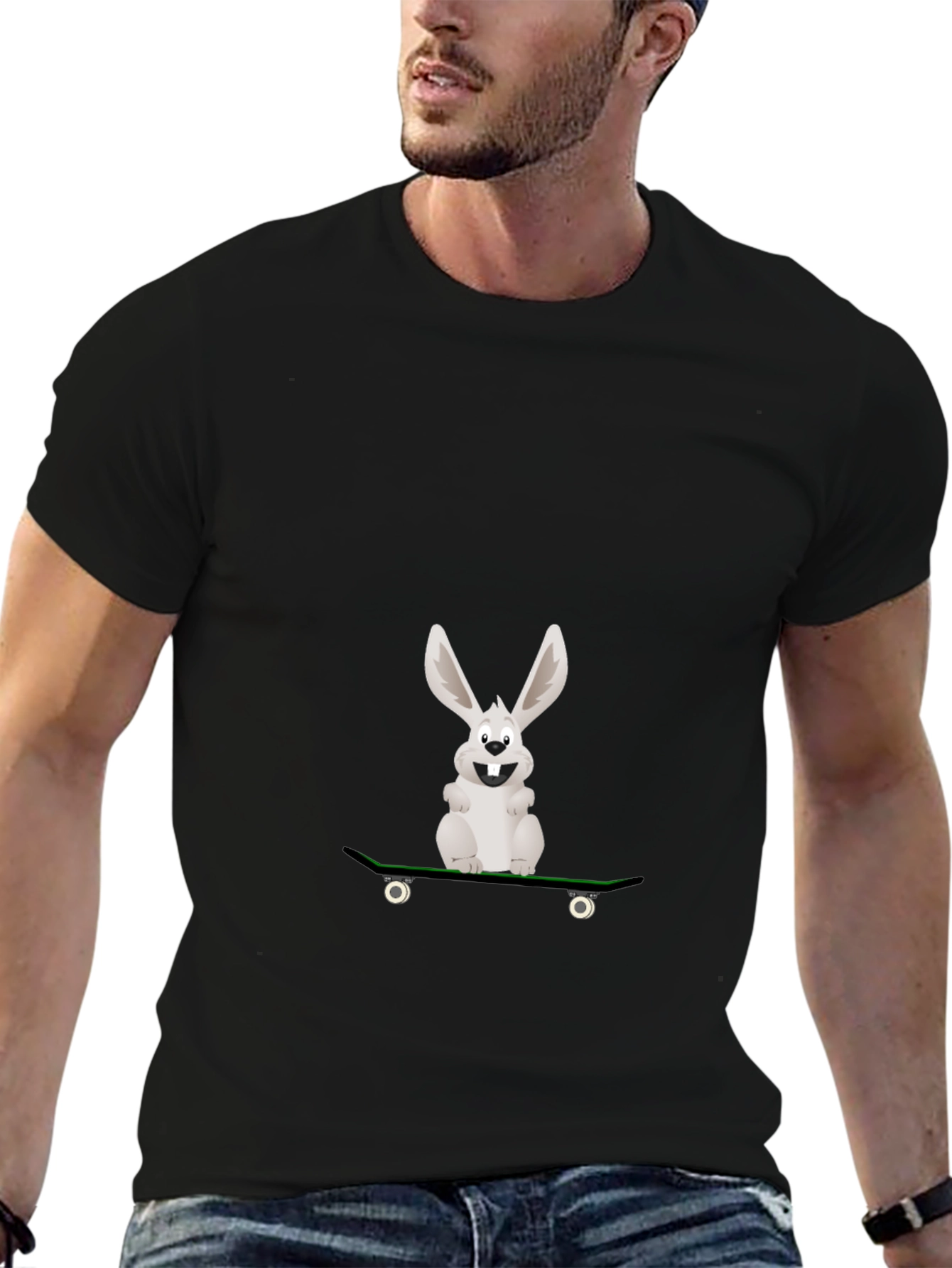 Rabbit Skateboarder Graphic Tee - Black Cotton Casual