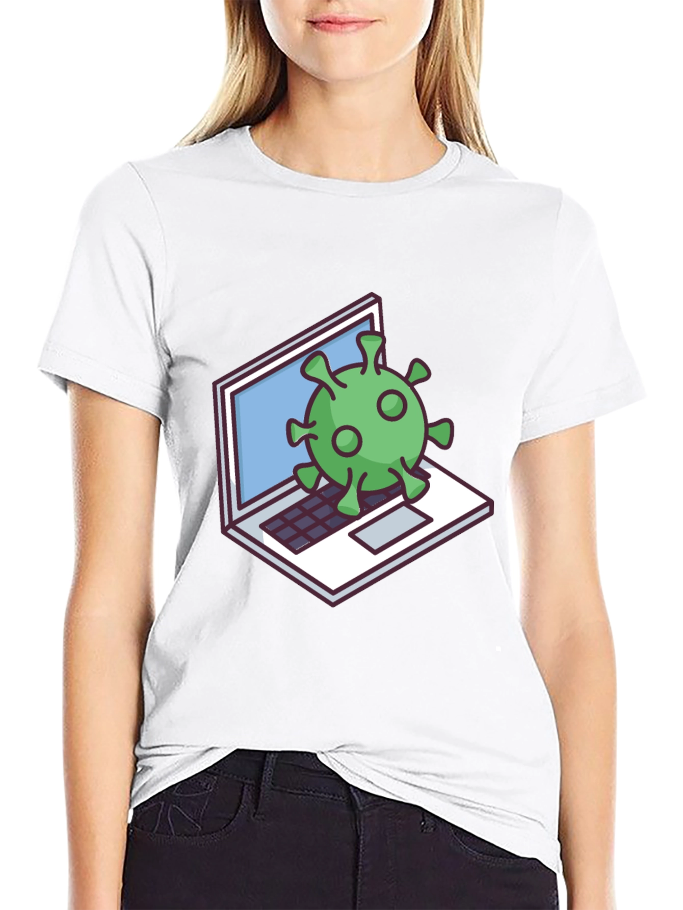 Virus Laptop Graphic Tee - Black Cotton T-Shirt