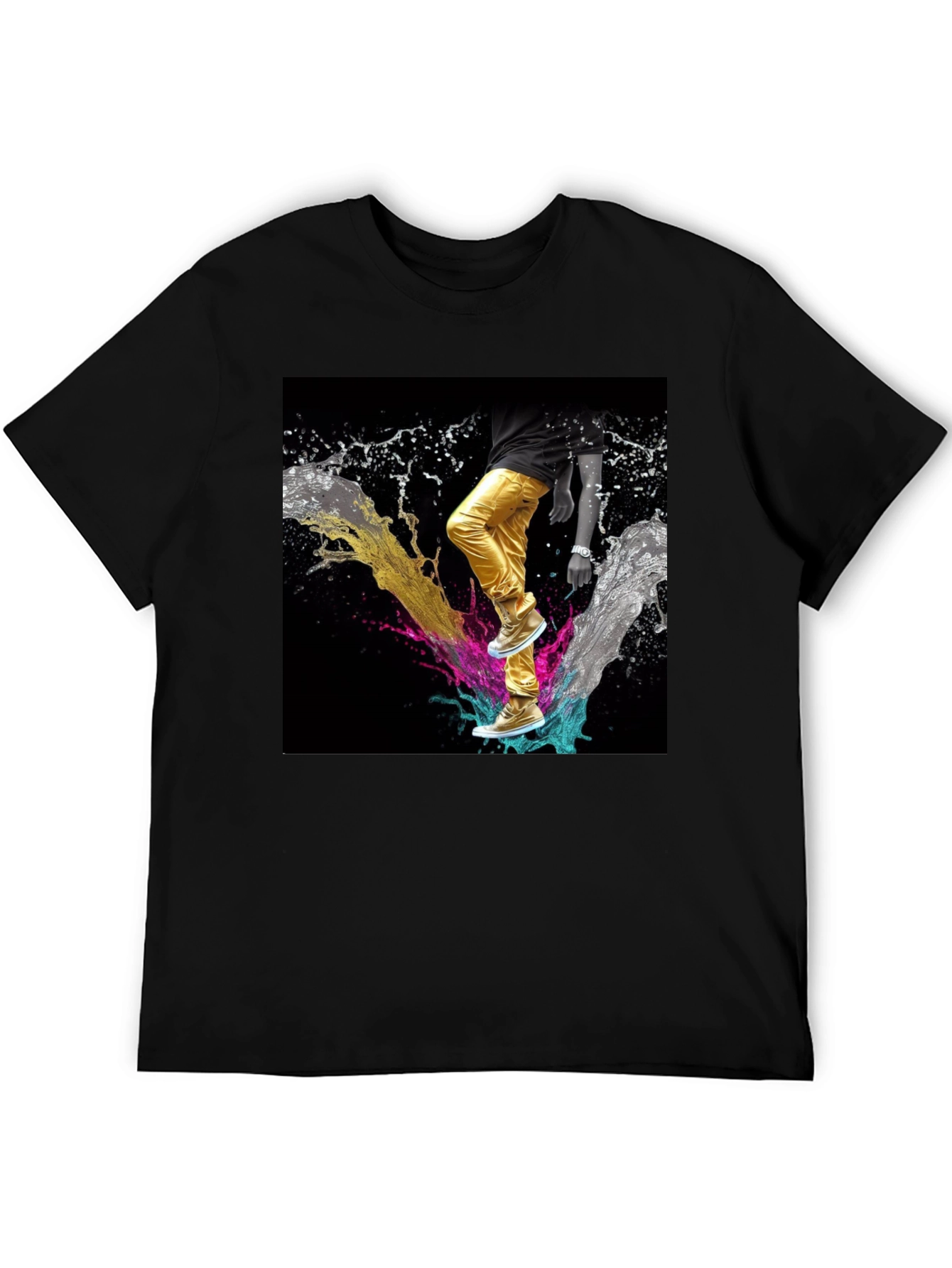 Stylish Black T-Shirt with Vibrant Splash Art