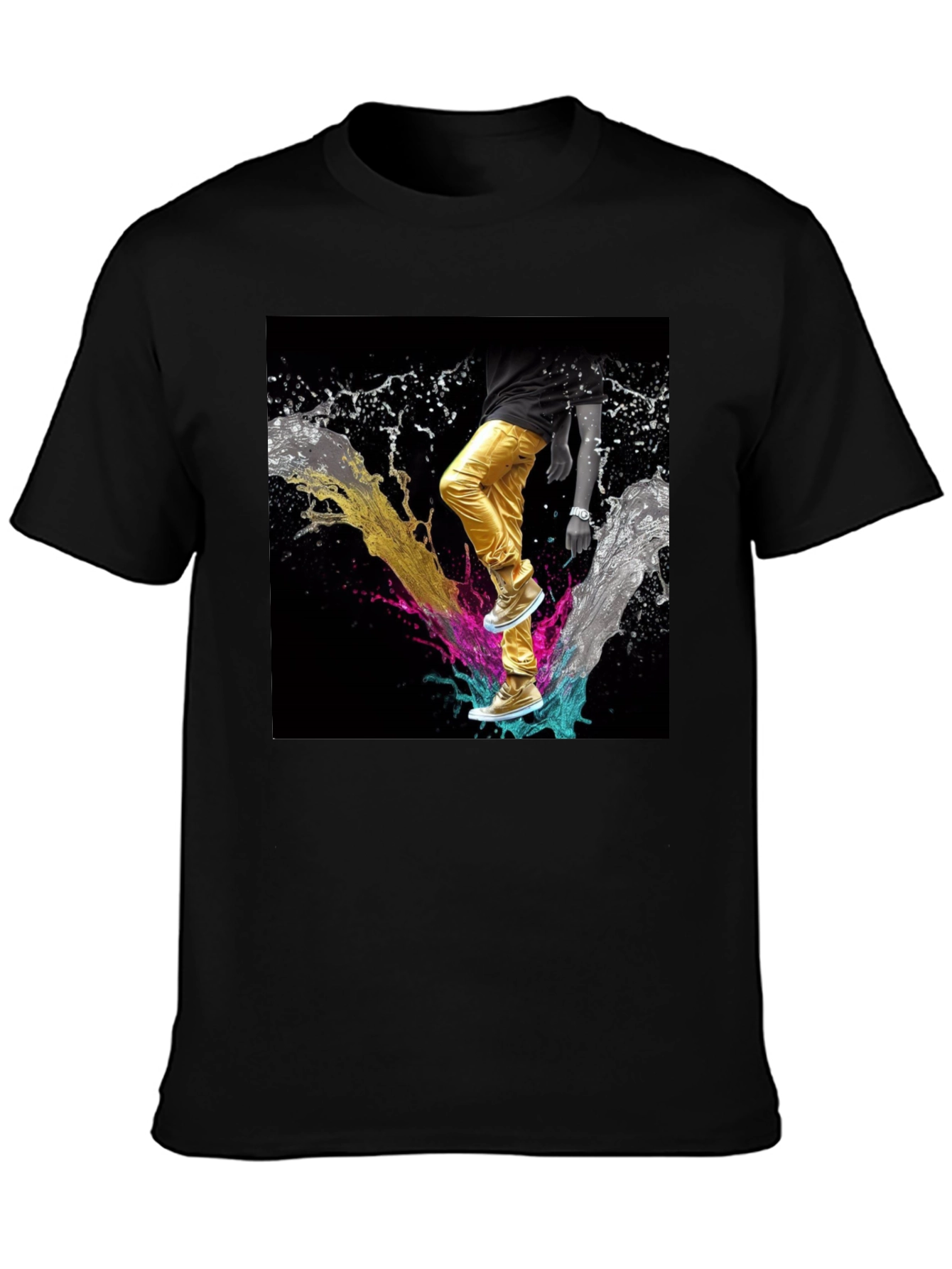 Stylish Black T-Shirt with Vibrant Splash Art