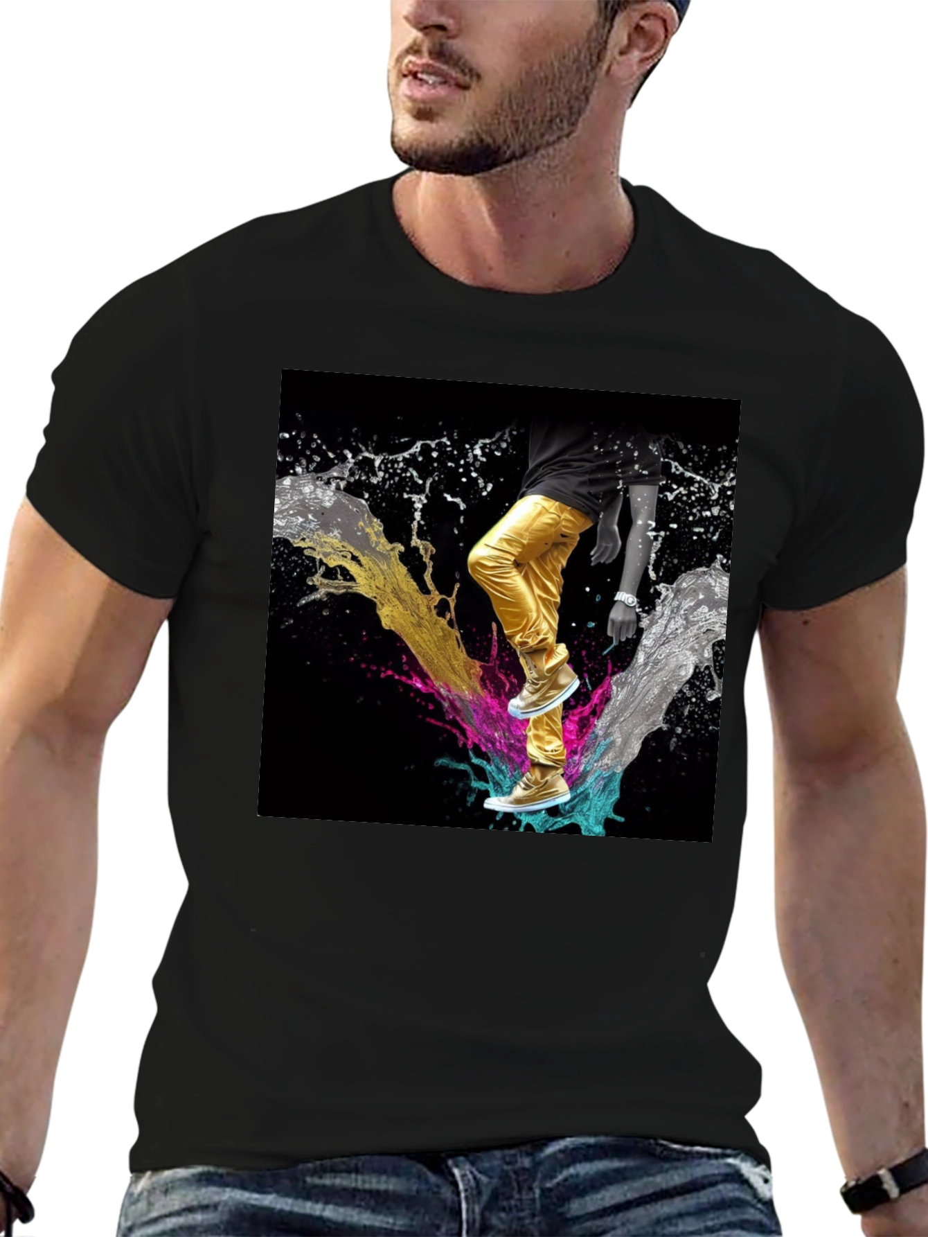 Stylish Black T-Shirt with Vibrant Splash Art