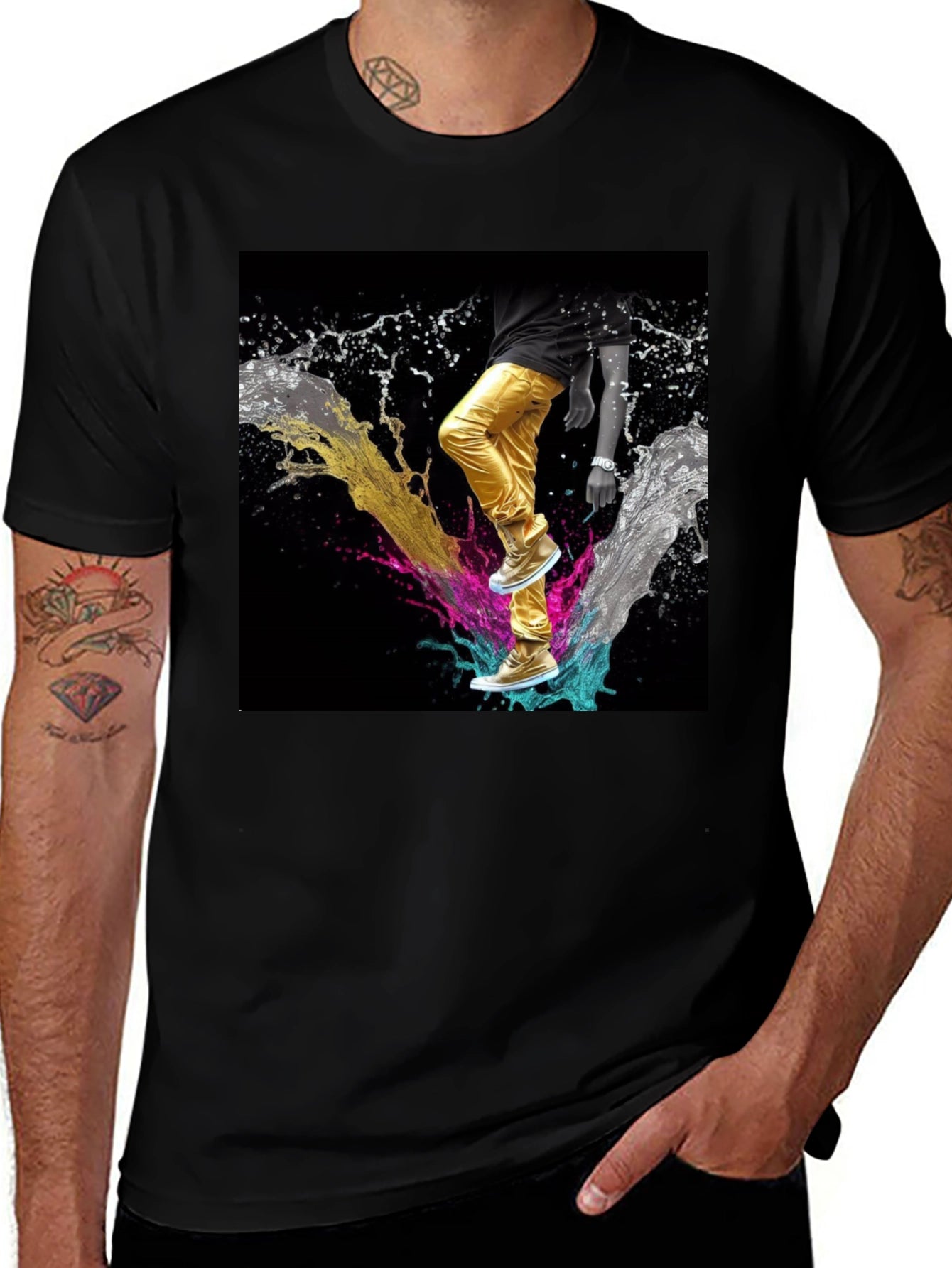 Stylish Black T-Shirt with Vibrant Splash Art