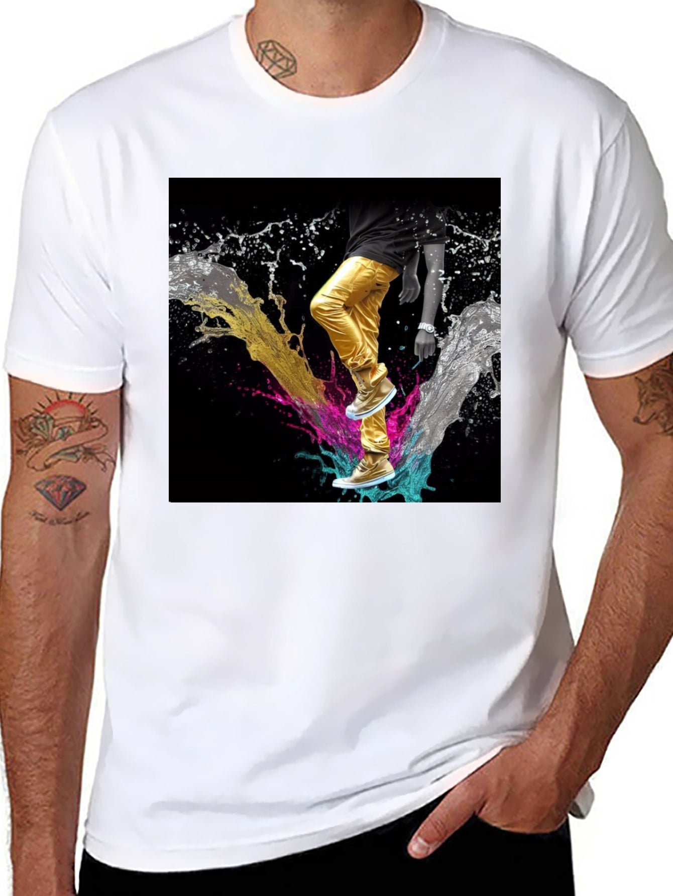 Stylish Black T-Shirt with Vibrant Splash Art