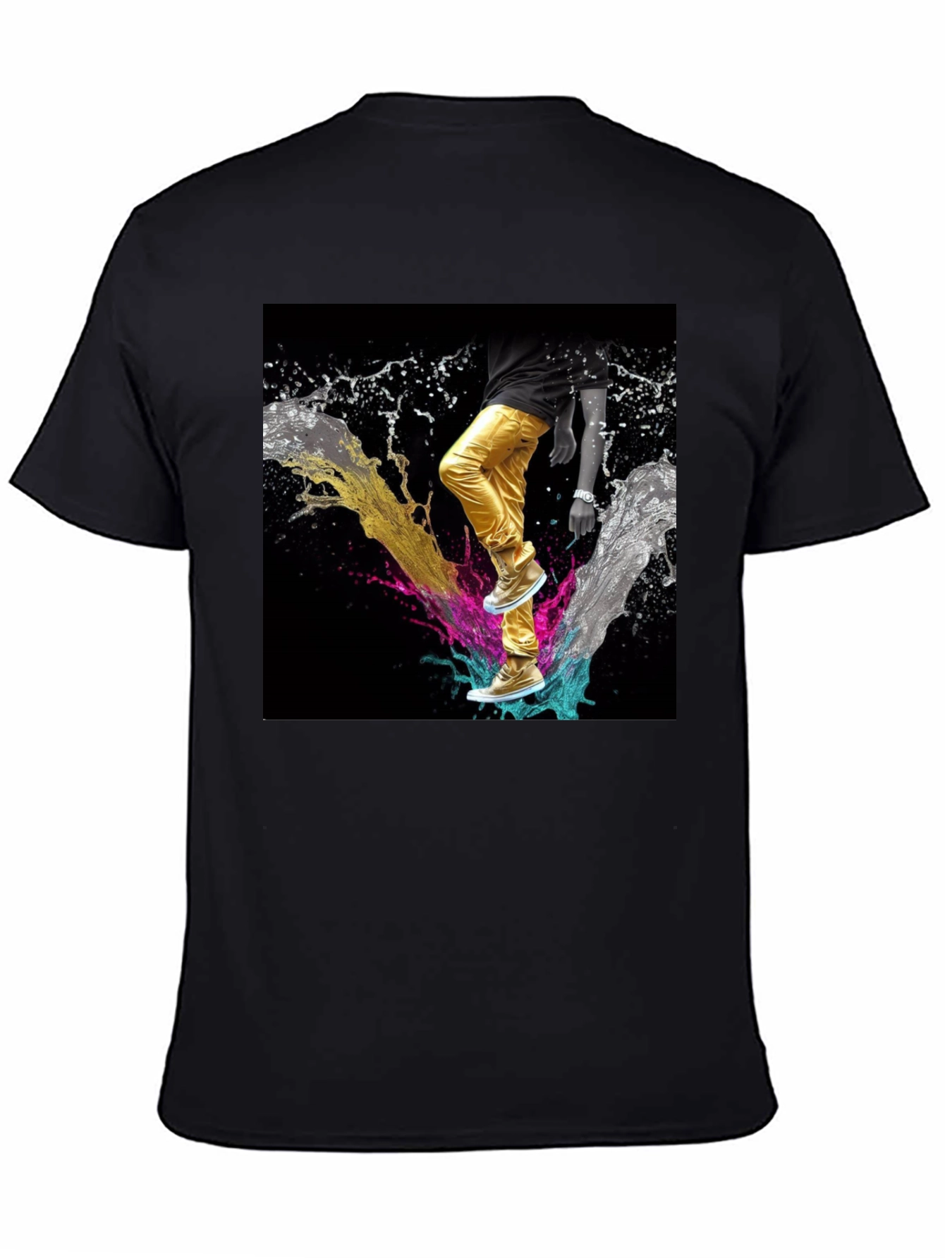 Stylish Black T-Shirt with Vibrant Splash Art