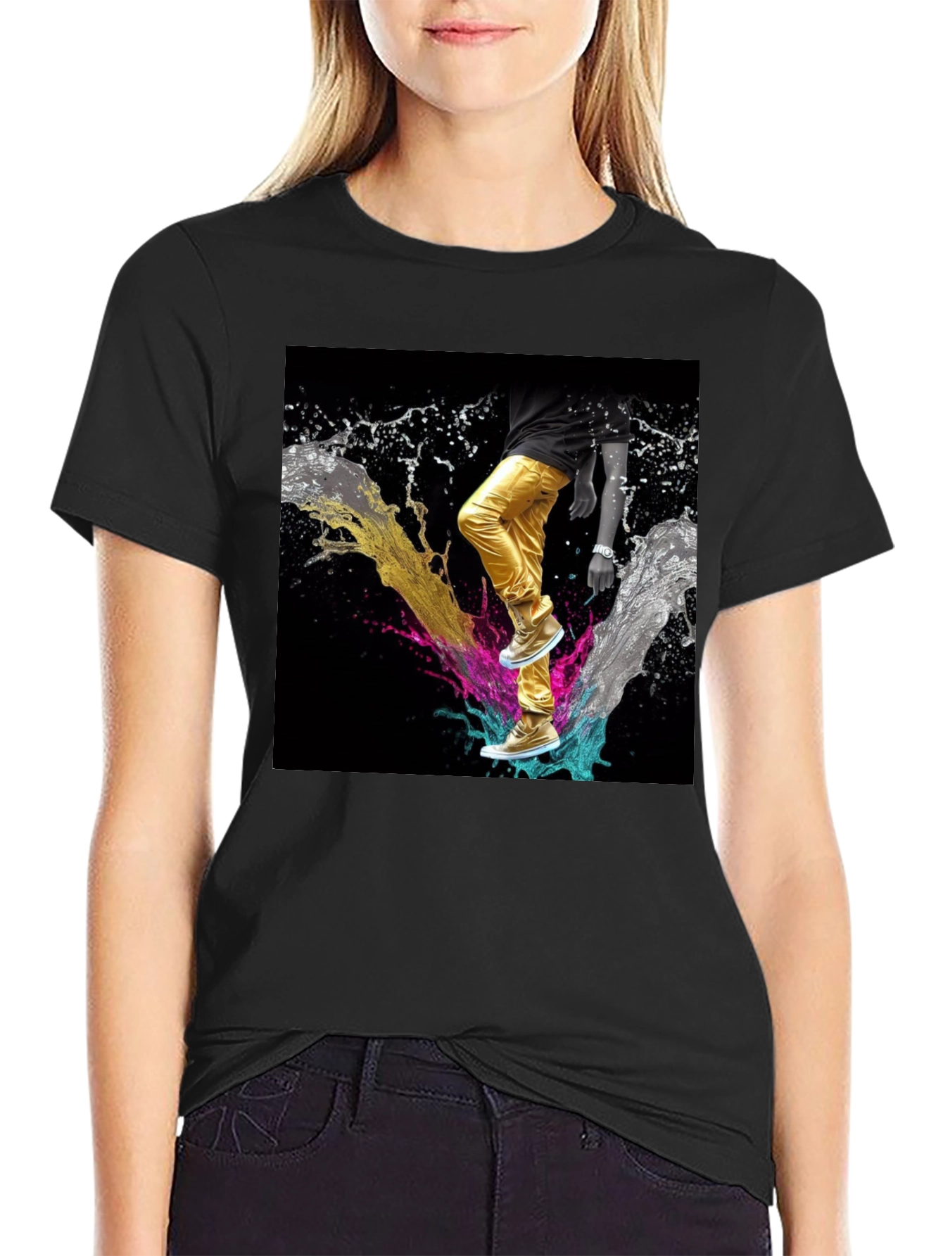Stylish Black T-Shirt with Vibrant Splash Art