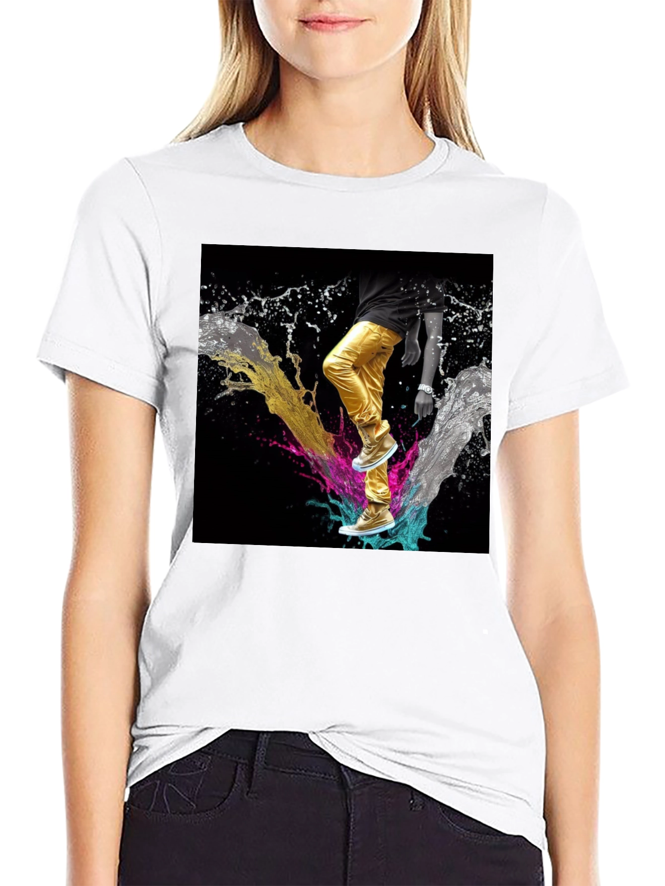 Stylish Black T-Shirt with Vibrant Splash Art