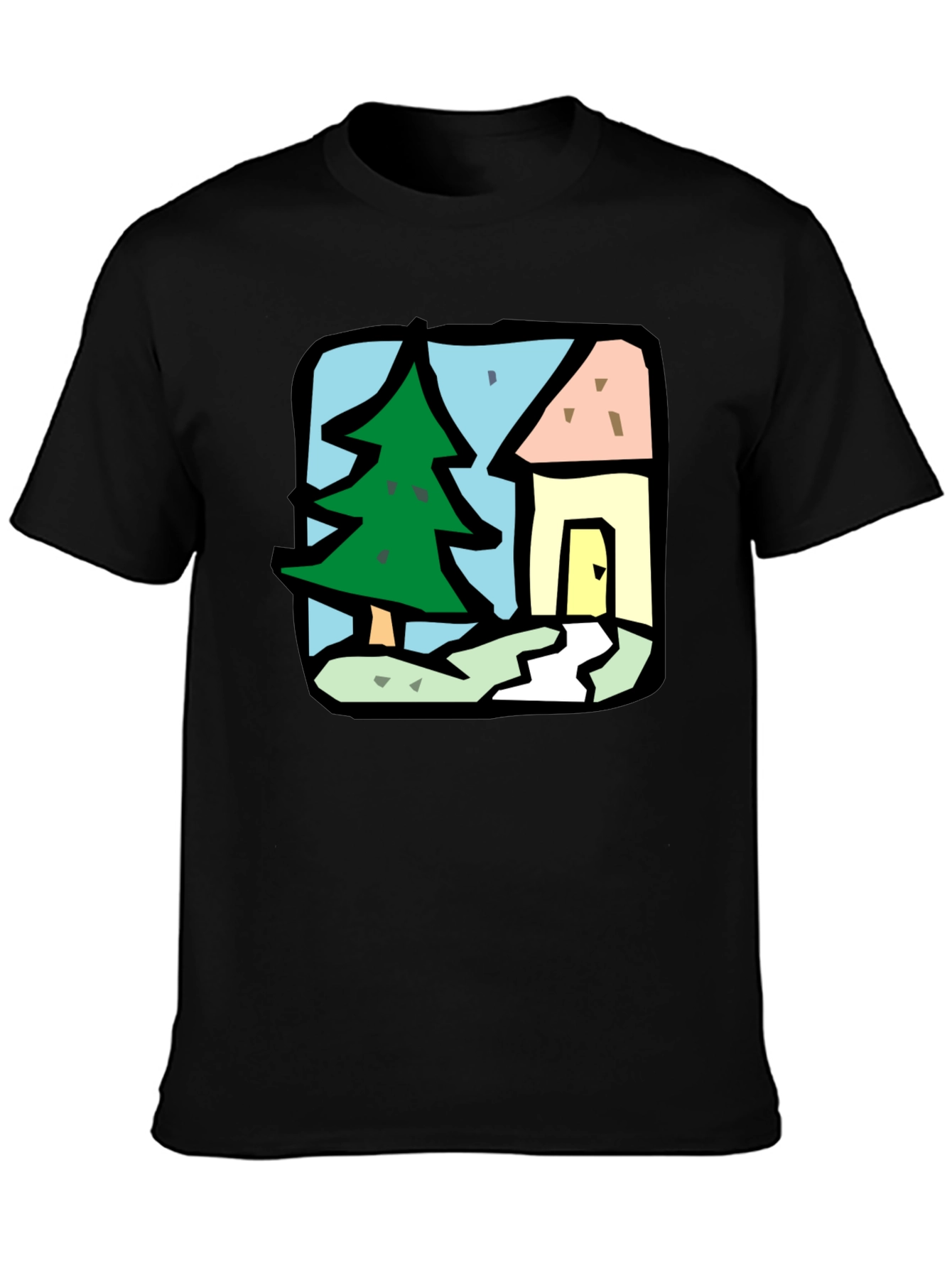 Cartoon House & Tree Black T-Shirt