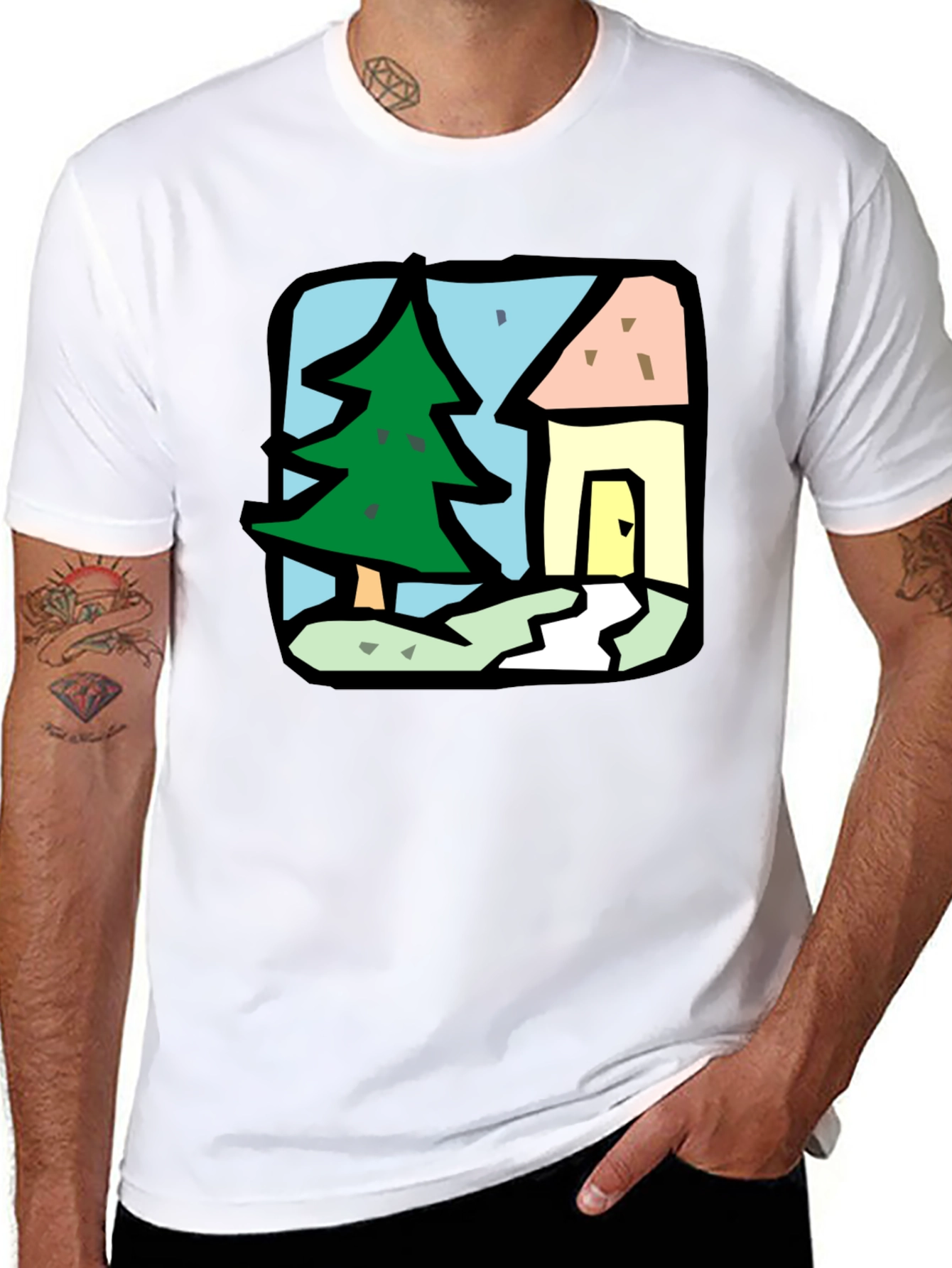 Cartoon House & Tree Black T-Shirt
