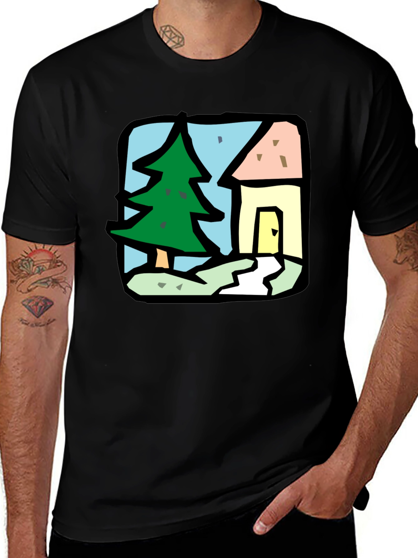Cartoon House & Tree Black T-Shirt