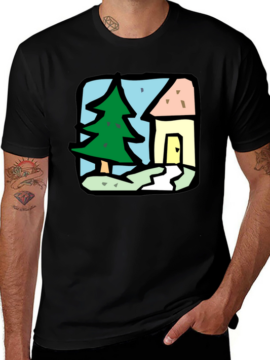 Cartoon House & Tree Black T-Shirt