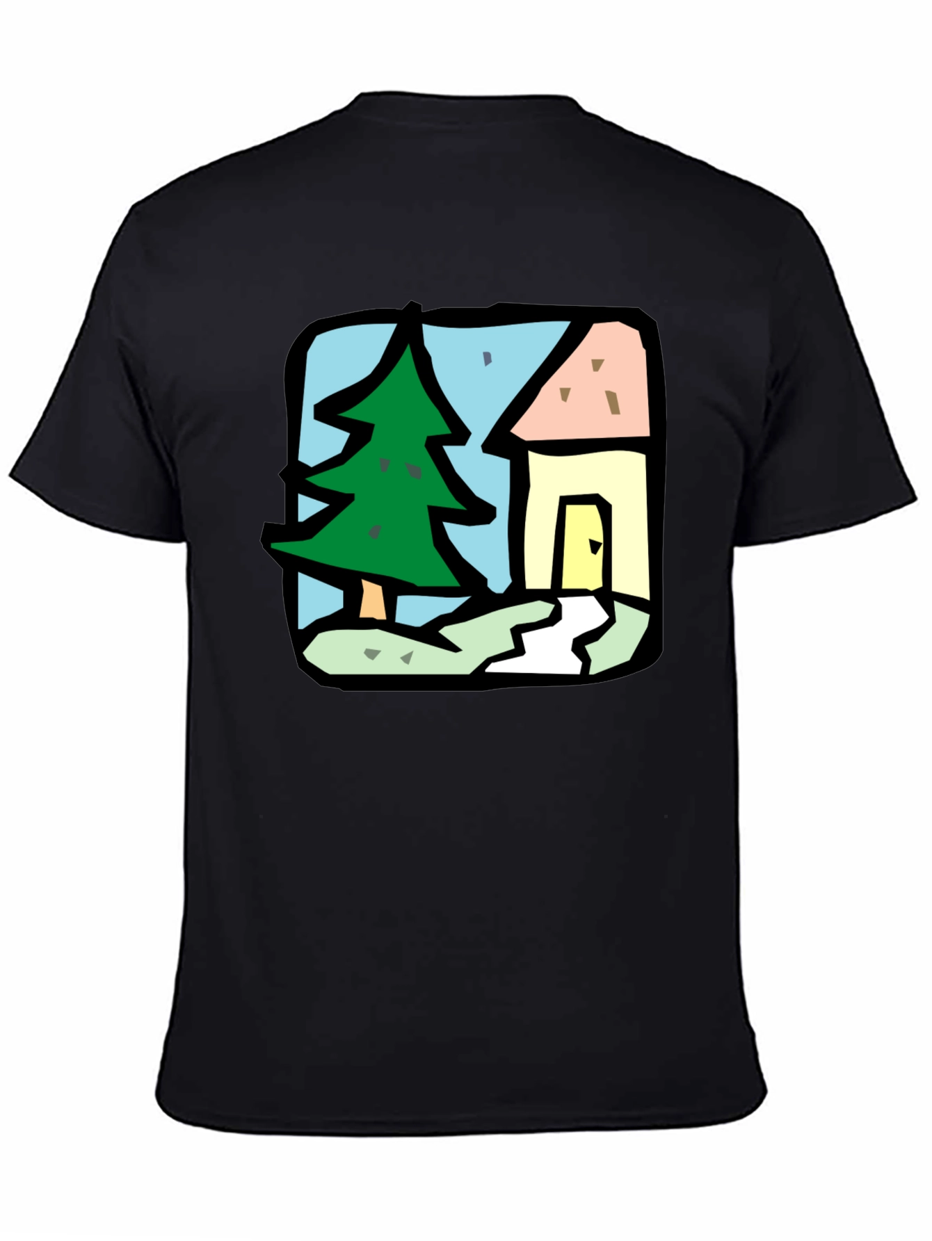Cartoon House & Tree Black T-Shirt