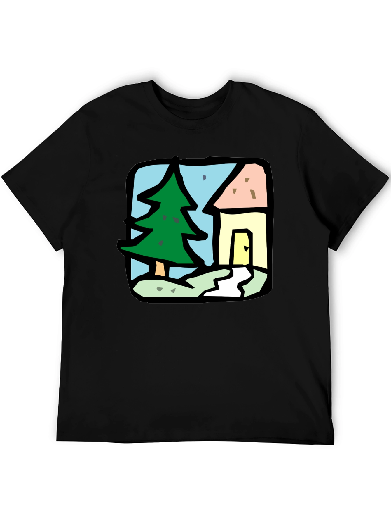 Cartoon House & Tree Black T-Shirt