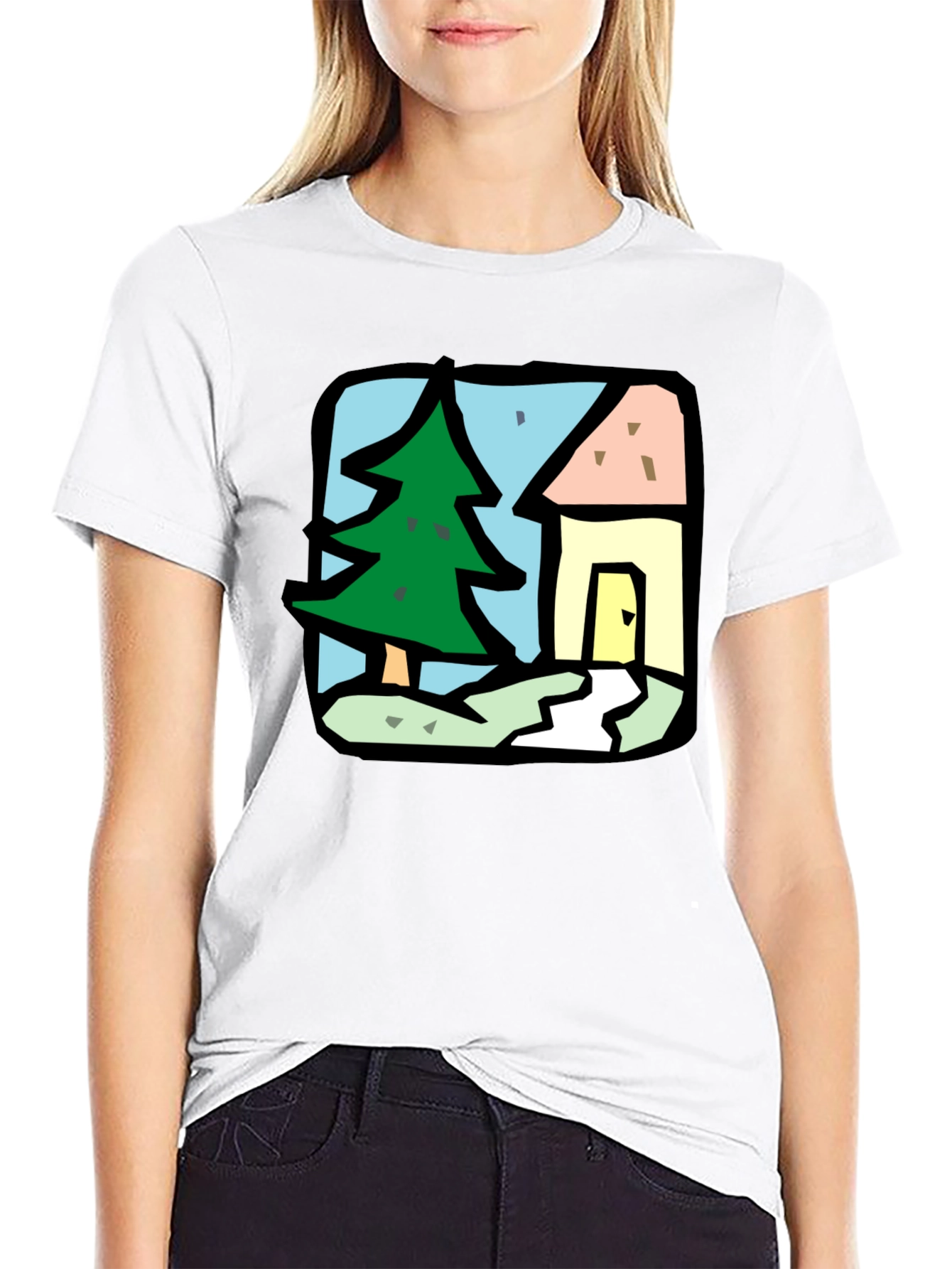 Cartoon House & Tree Black T-Shirt