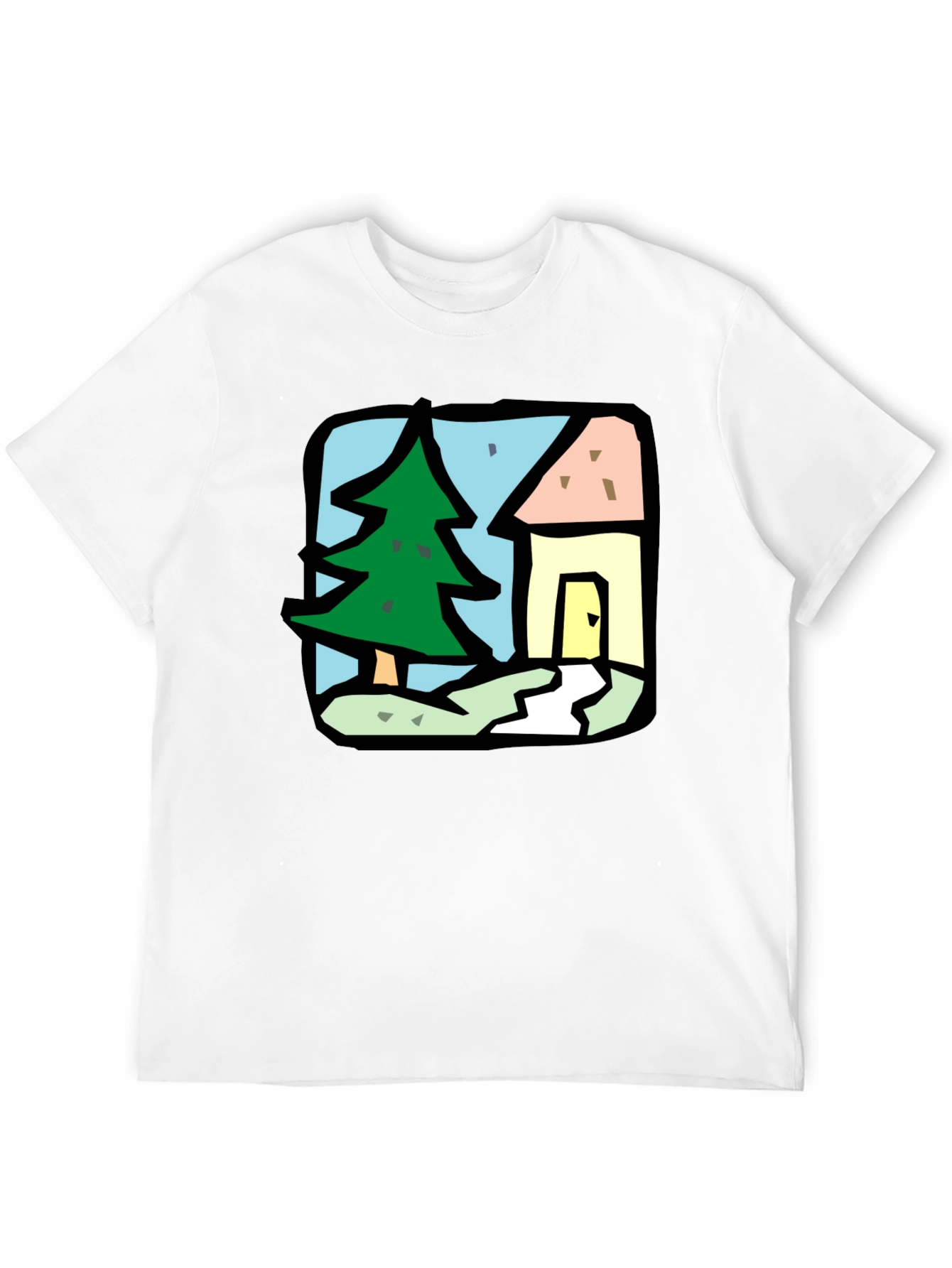 Cartoon House & Tree Black T-Shirt