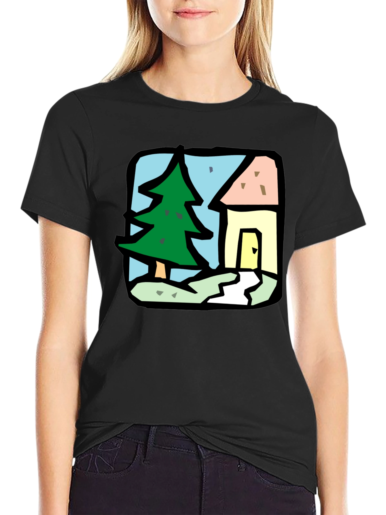 Cartoon House & Tree Black T-Shirt