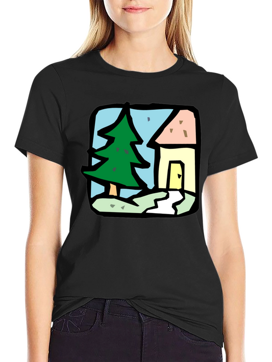 Cartoon House & Tree Black T-Shirt