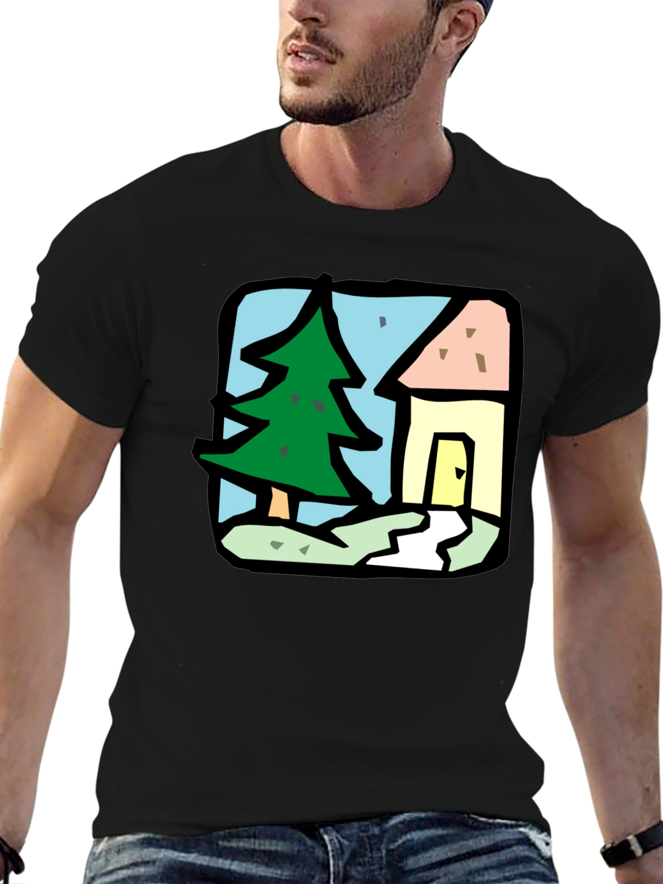 Cartoon House & Tree Black T-Shirt