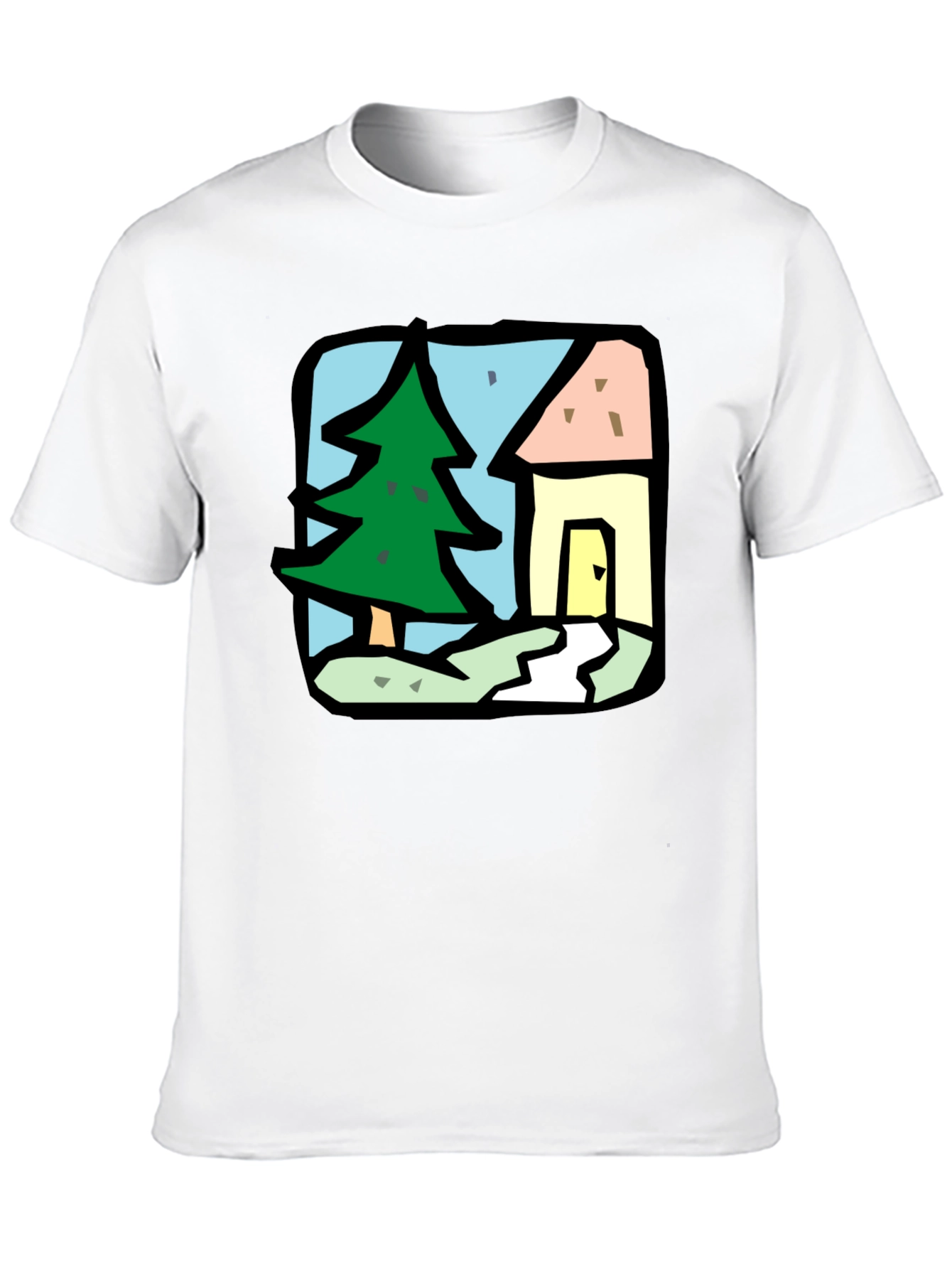 Cartoon House & Tree Black T-Shirt