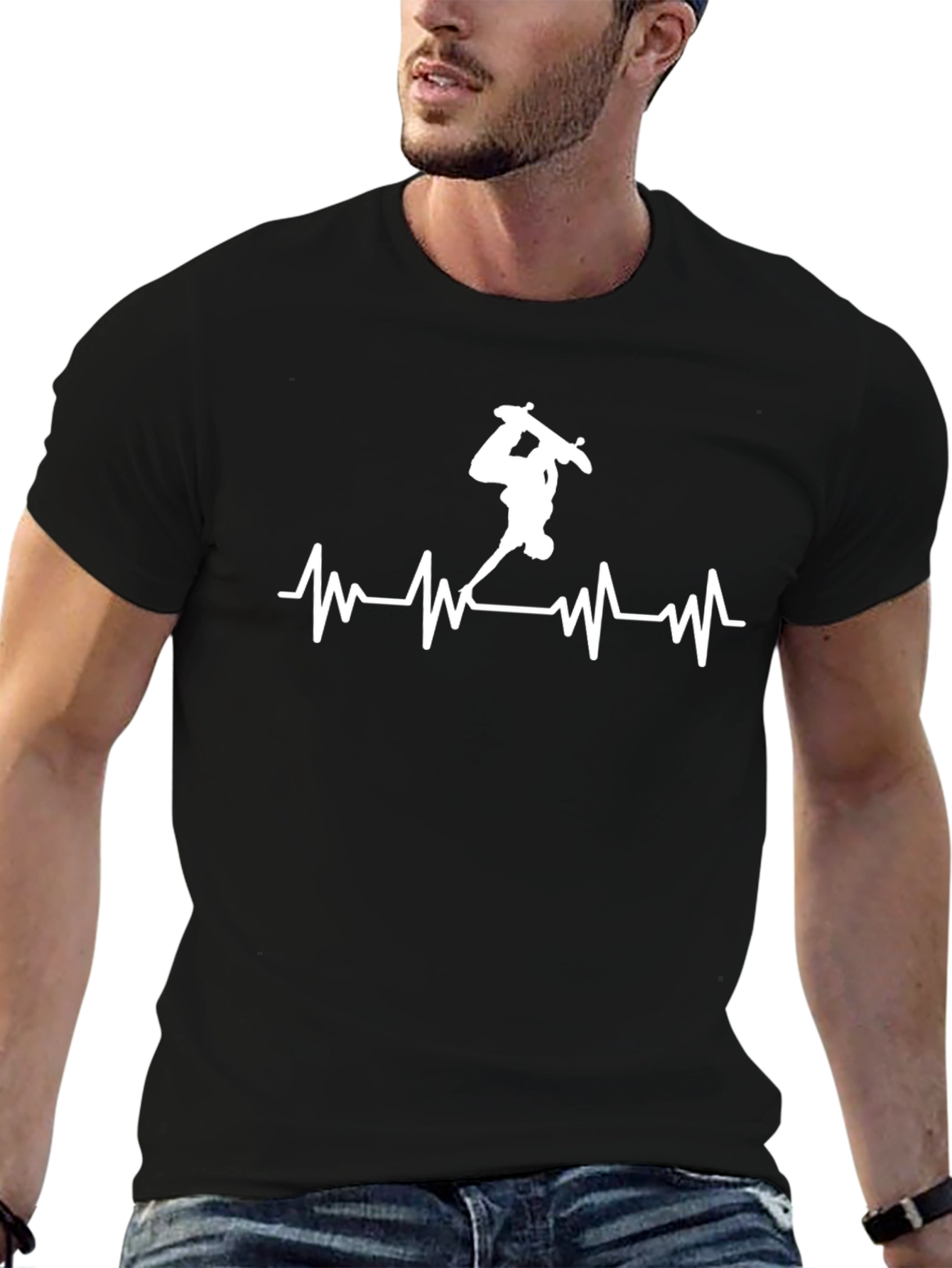 Skateboard Heartbeat Graphic Tee - Black Cotton T-Shirt