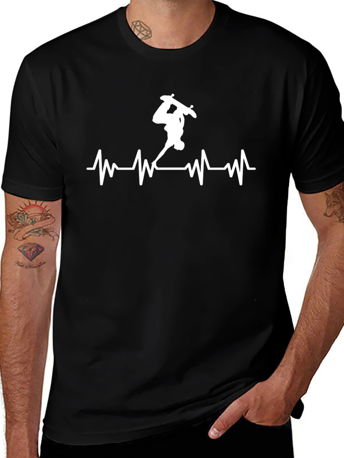 Skateboard Heartbeat Graphic Tee - Black Cotton T-Shirt