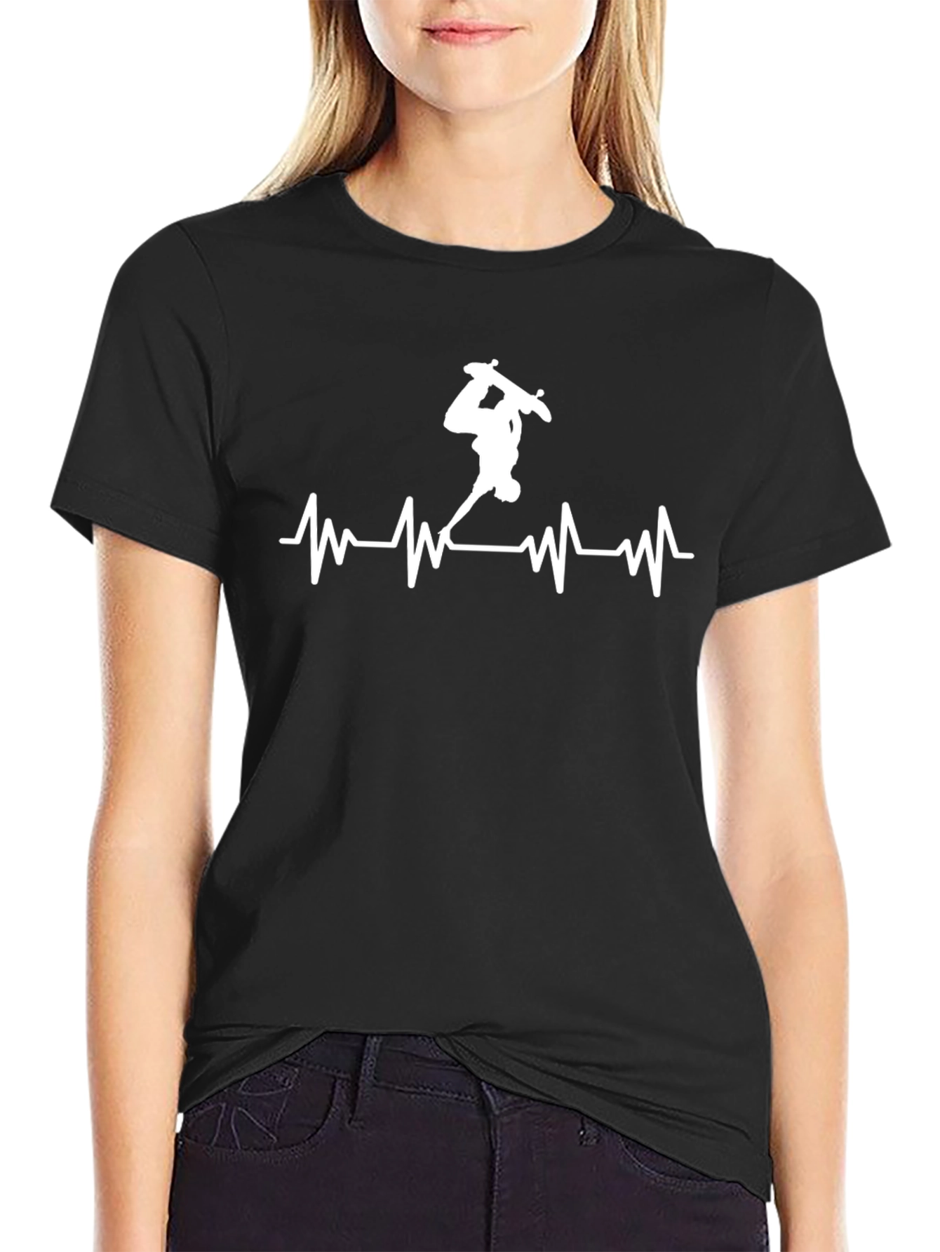 Skateboard Heartbeat Graphic Tee - Black Cotton T-Shirt