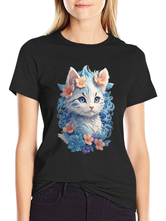 Floral Cat Graphic Tee - Unique Kitten Design