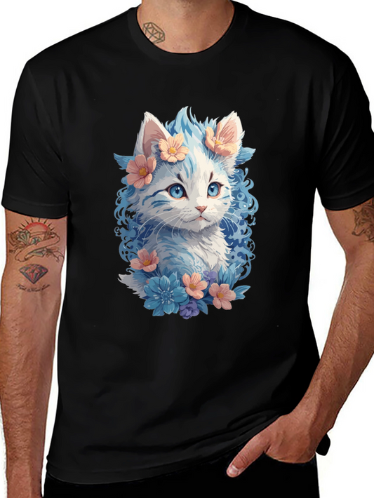 Floral Cat Graphic Tee - Unique Kitten Design