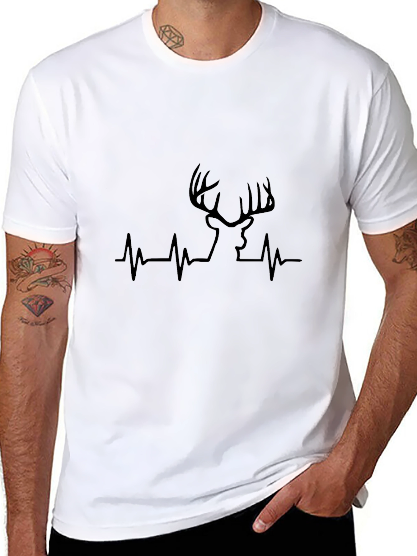Deer Heartbeat T-Shirt - Black Crew Neck Tee