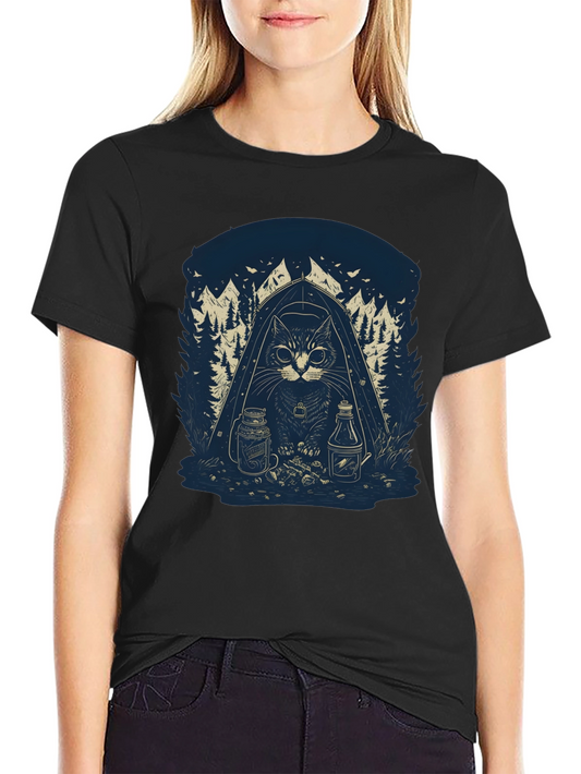 Camping Cat Graphic T-Shirt - Black