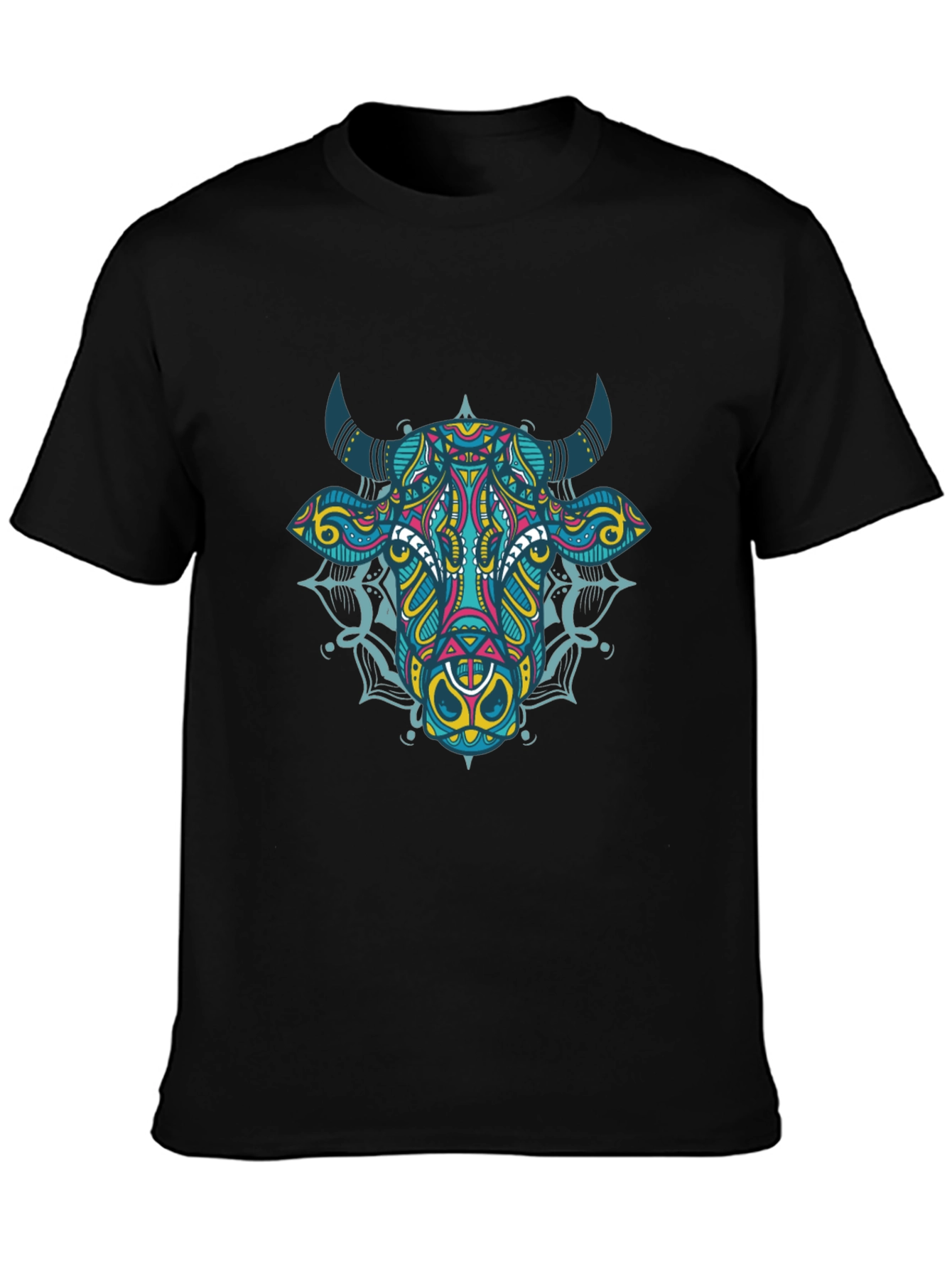 Geometric Bull Graphic Tee - Black Cotton T-Shirt