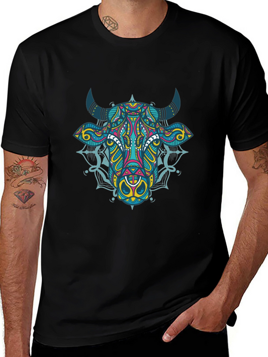 Geometric Bull Graphic Tee - Black Cotton T-Shirt