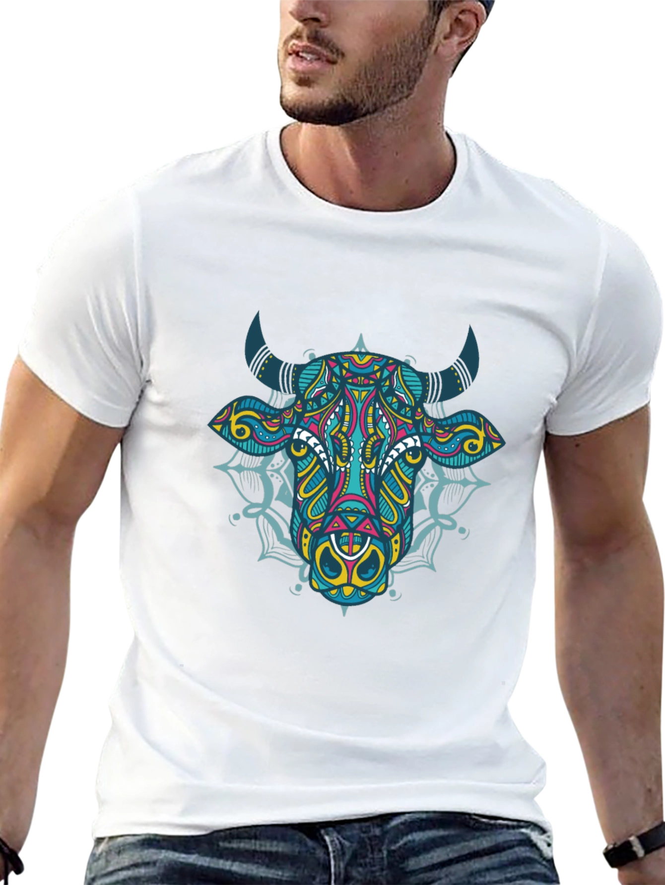 Geometric Bull Graphic Tee - Black Cotton T-Shirt